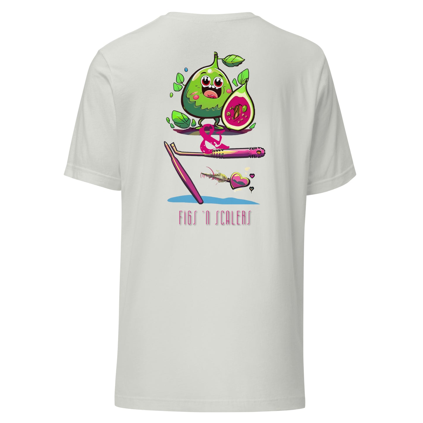 Adorable cartoon fig character with a dental scaler and a heart. Perfect for dental professionals who love Fig Scrubs, or for a cute and stylish dental t-shirt gift.Perfect dental swag for any dental professional. Silver color.