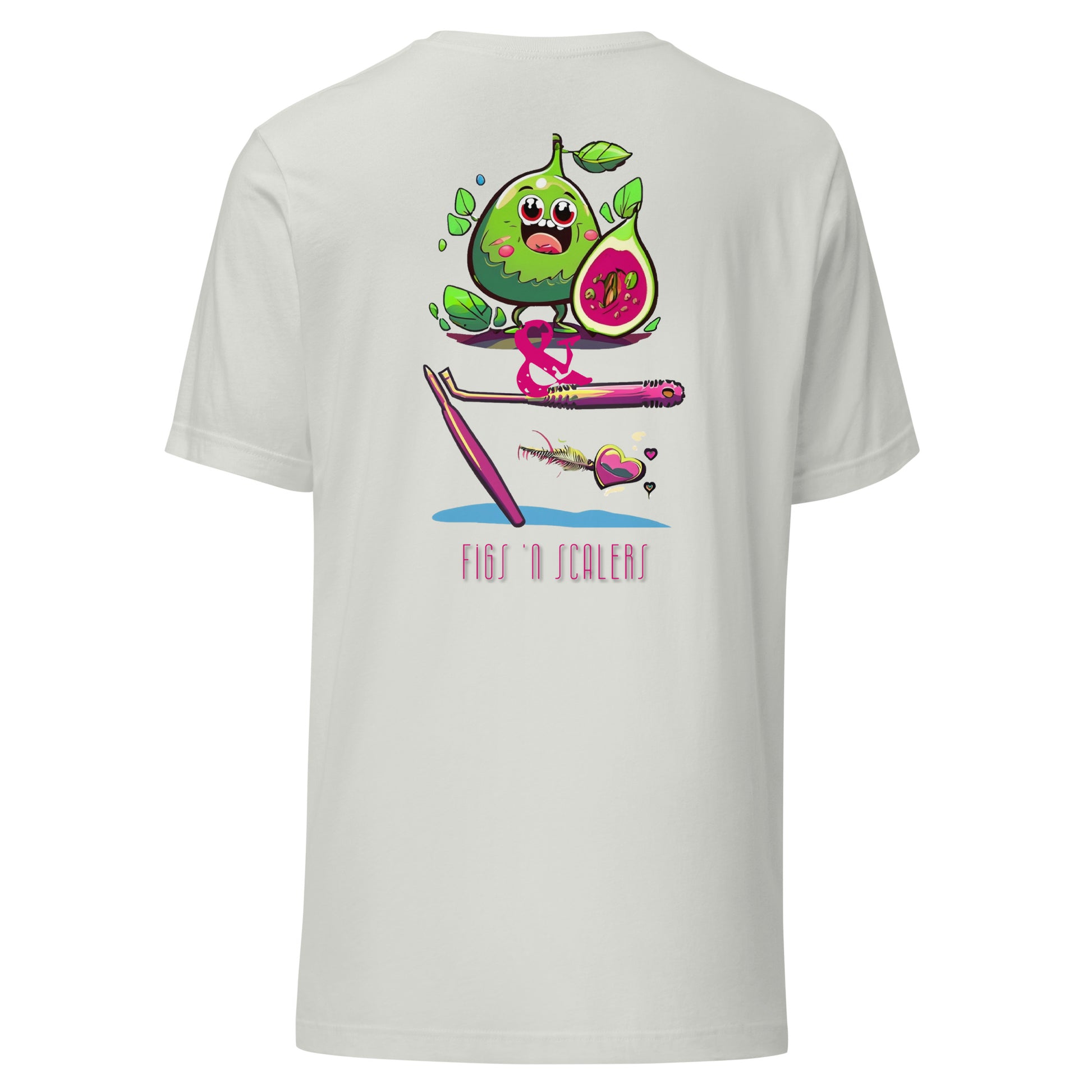 Adorable cartoon fig character with a dental scaler and a heart. Perfect for dental professionals who love Fig Scrubs, or for a cute and stylish dental t-shirt gift.Perfect dental swag for any dental professional.  Silver color.