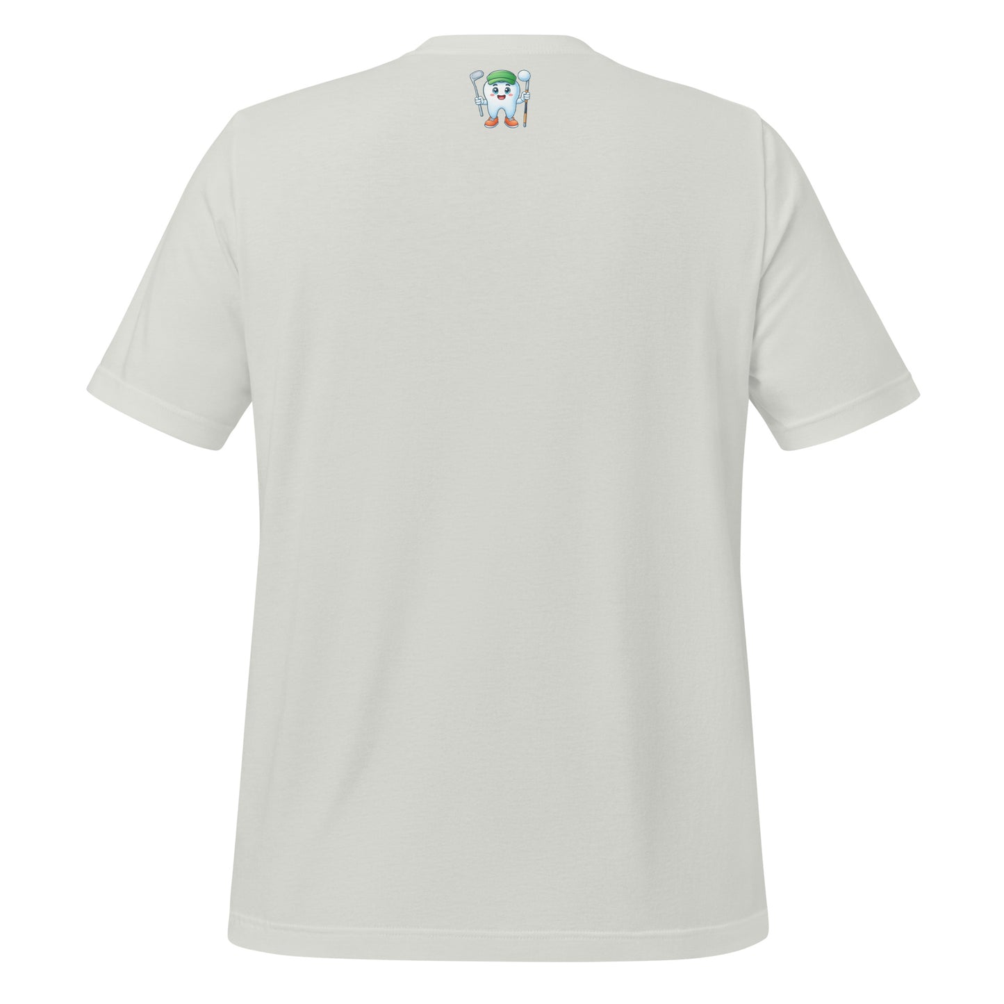 Cute dentist t-shirt showcasing an adorable tooth character in golf attire, joyfully celebrating a ‘hole in one’ achievement, perfect for dentist and dental professionals seeking unique and thematic dental apparel. Silver color, back view.