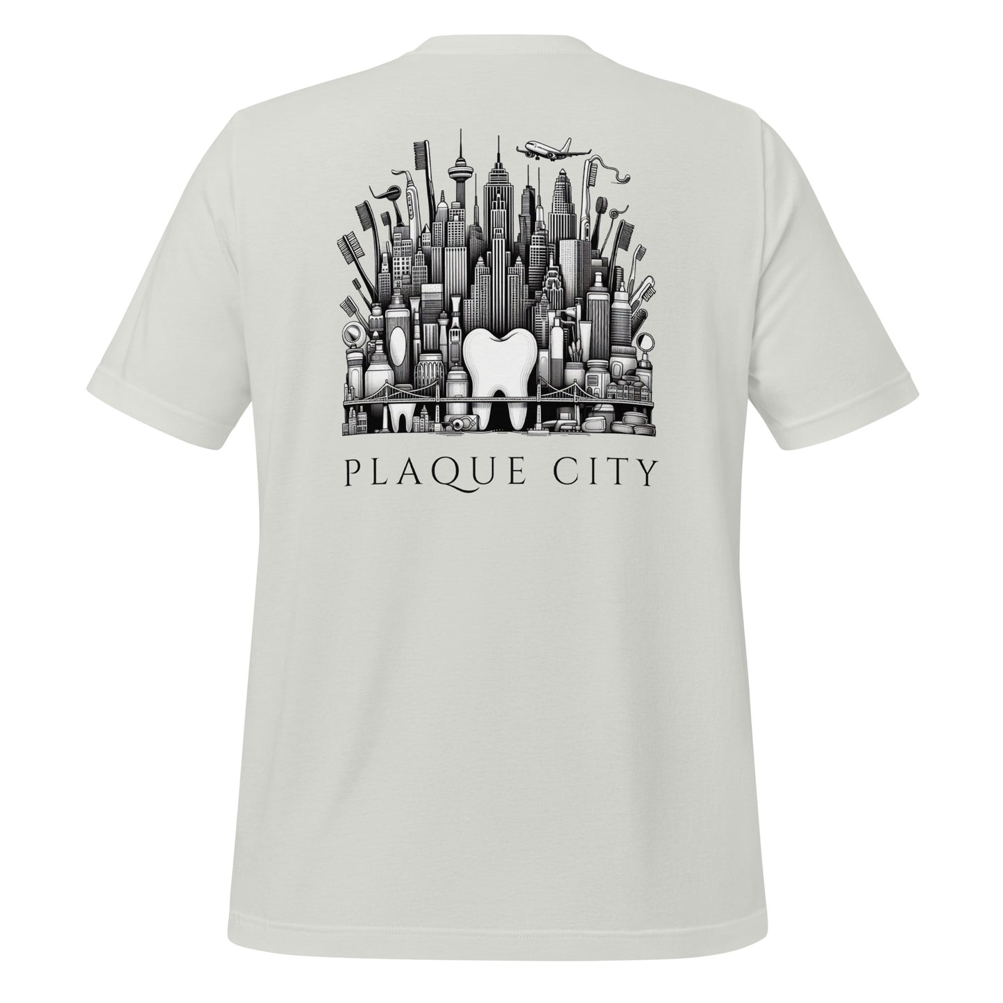 Cityscape illustration made of dental hygiene products, including toothpaste tubes, toothbrushes, and floss containers. Perfect for a dentist or dental hygienist gift, or a unique dental-themed t-shirt design. Silver color.