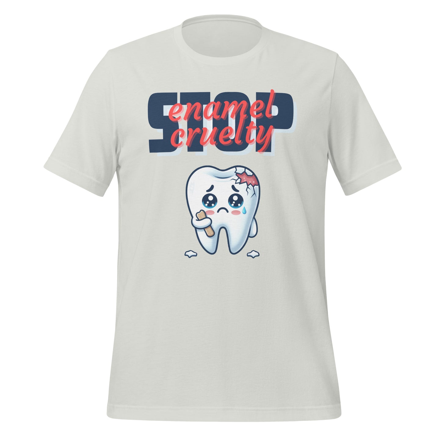 Adorable dental t-shirt with a sad crying cartoon tooth character with chipped enamel, ideal for dental hygienists or as a cute dental hygienist t-shirt gift.Silver color.
