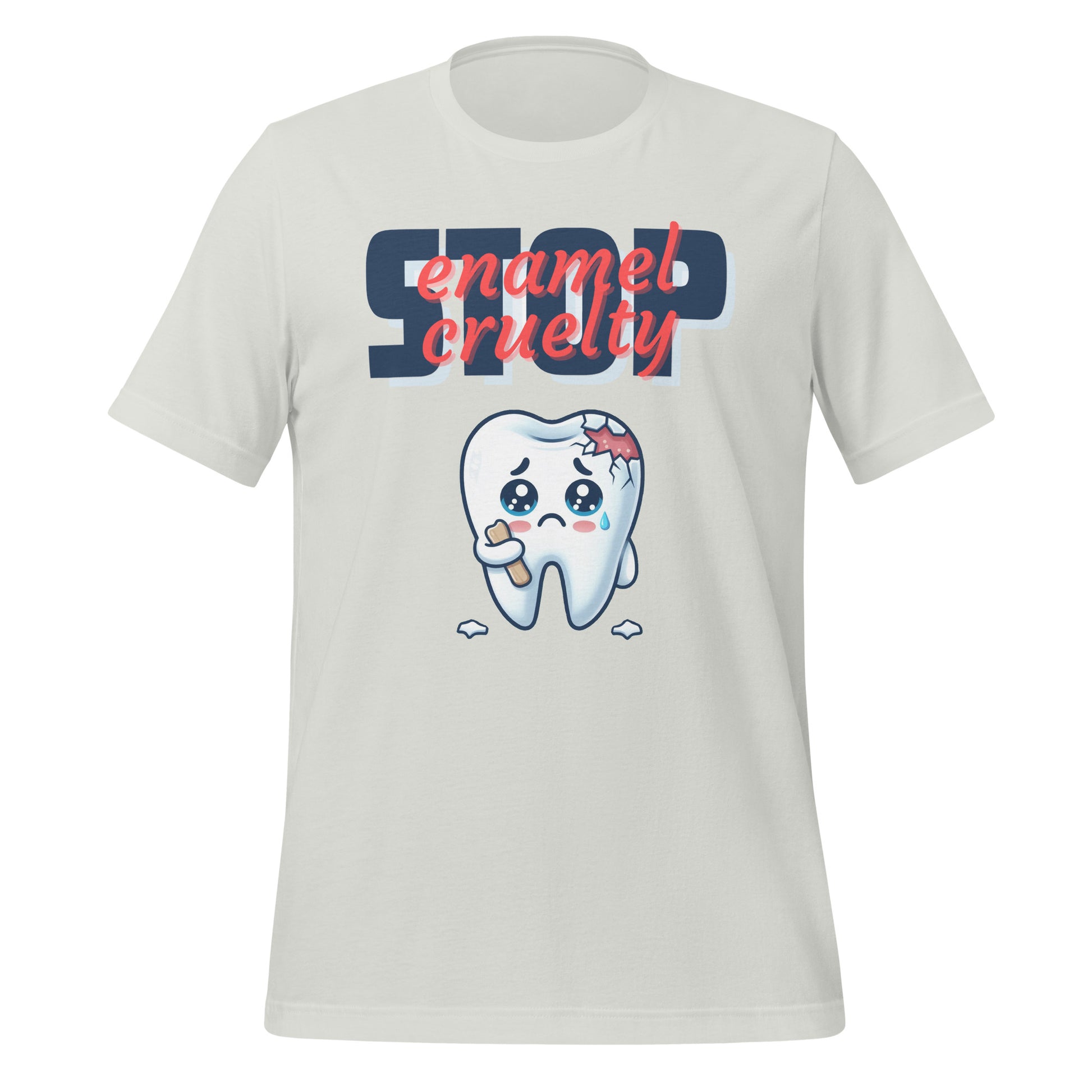 Adorable dental t-shirt with a sad crying cartoon tooth character with chipped enamel, ideal for dental hygienists or as a cute dental hygienist t-shirt gift.Silver color.