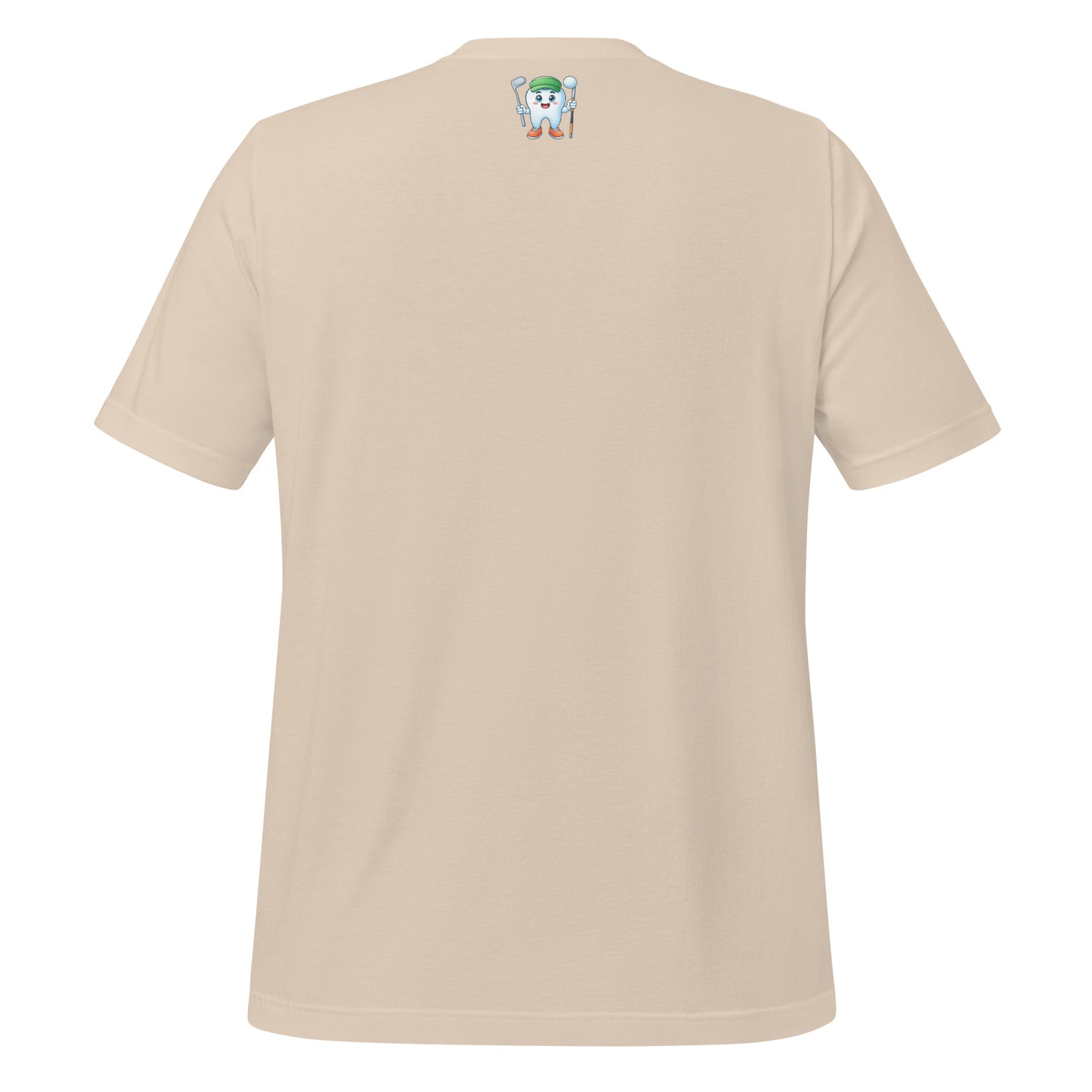 Cute dentist t-shirt showcasing an adorable tooth character in golf attire, joyfully celebrating a ‘hole in one’ achievement, perfect for dentist and dental professionals seeking unique and thematic dental apparel. Soft cream color, back view.