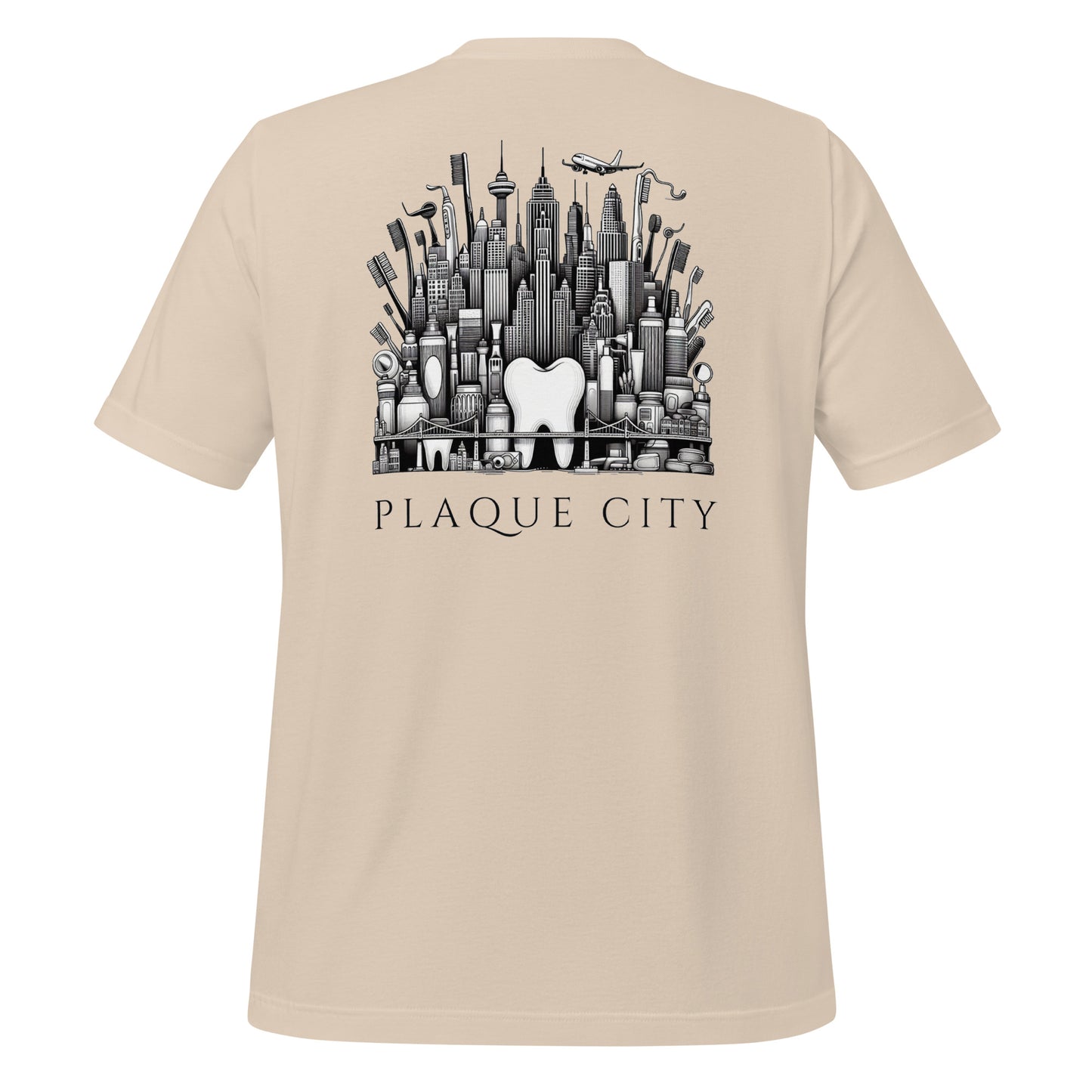 Cityscape illustration made of dental hygiene products, including toothpaste tubes, toothbrushes, and floss containers. Perfect for a dentist or dental hygienist gift, or a unique dental-themed t-shirt design. Soft cream color.