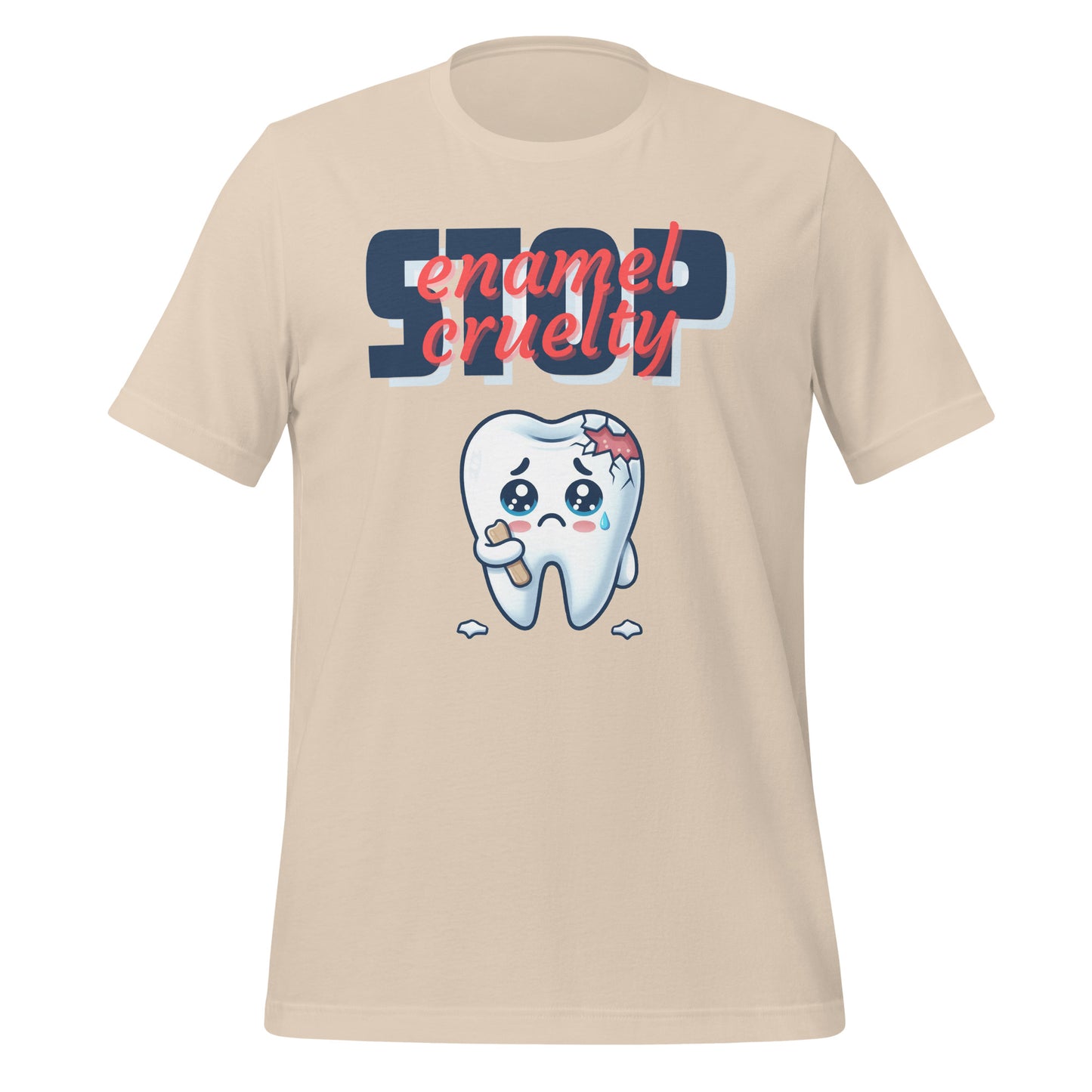Adorable dental t-shirt with a sad crying cartoon tooth character with chipped enamel, ideal for dental hygienists or as a cute dental hygienist t-shirt gift. Soft cream color.