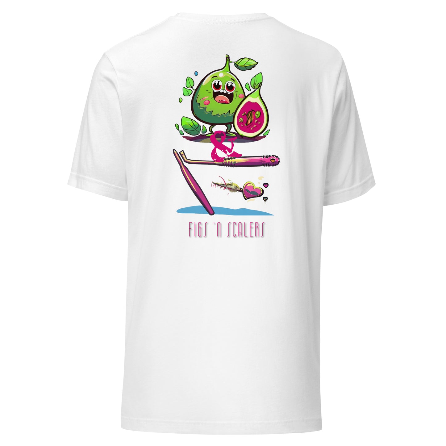 Adorable cartoon fig character with a dental scaler and a heart. Perfect for dental professionals who love Fig Scrubs, or for a cute and stylish dental t-shirt gift.Perfect dental swag for any dental professional. White color.