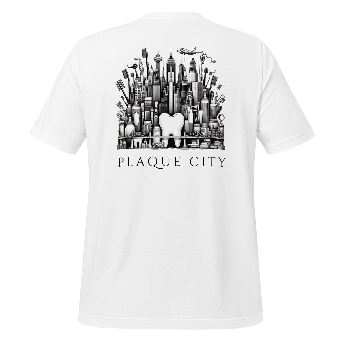 Cityscape illustration made of dental hygiene products, including toothpaste tubes, toothbrushes, and floss containers. Perfect for a dentist or dental hygienist gift, or a unique dental-themed t-shirt design. White color.