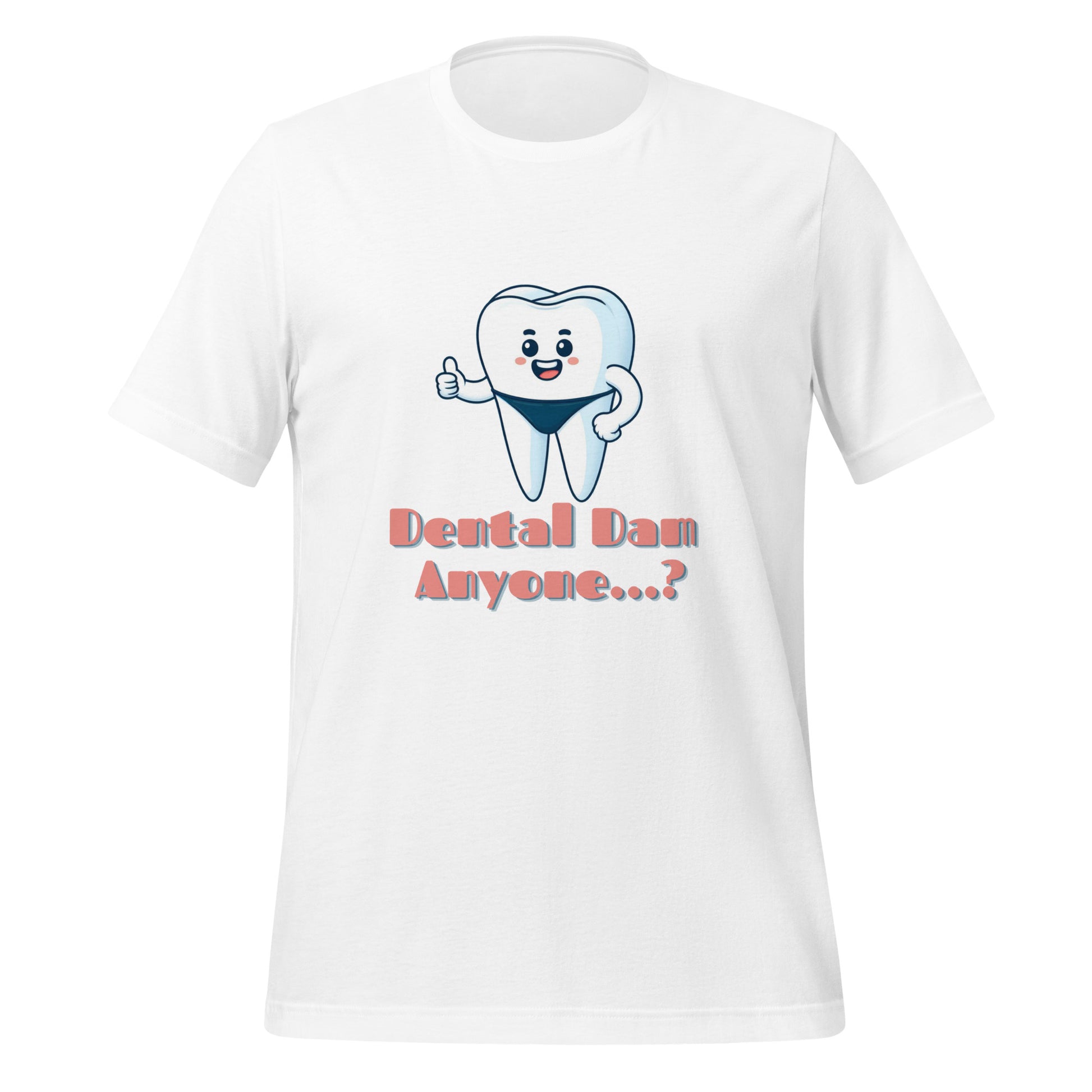 Funny dental shirt featuring a playful tooth character in a speedo with the text ‘Dental Dam Anyone?’, perfect for dentists, dental hygienists, and dental students who enjoy dental humor. This dental shirt is a unique addition to any dental professional’s wardrobe, making it an ideal dental office shirt. Don’t miss out on our dental assistant shirts and dental hygiene shirts. White color.