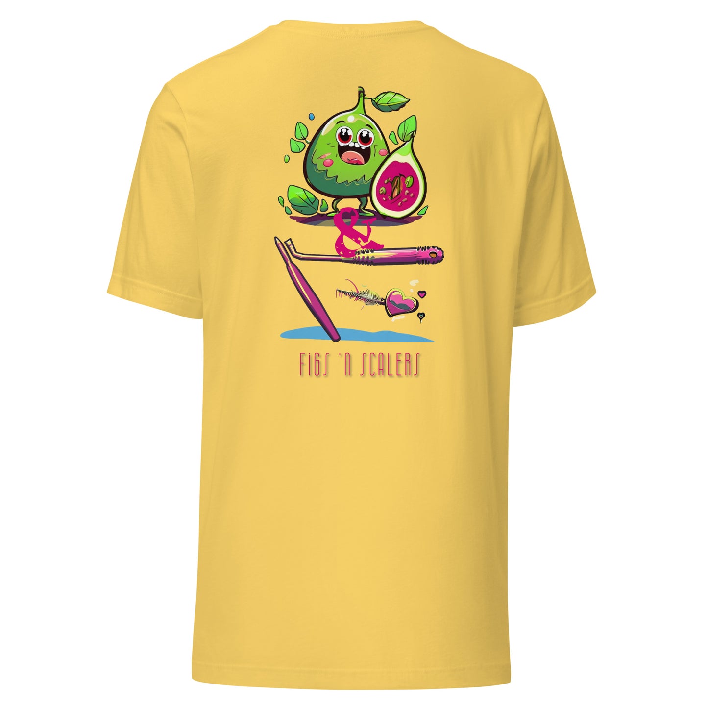 Adorable cartoon fig character with a dental scaler and a heart. Perfect for dental professionals who love Fig Scrubs, or for a cute and stylish dental t-shirt gift.Perfect dental swag for any dental professional. Yellow color.