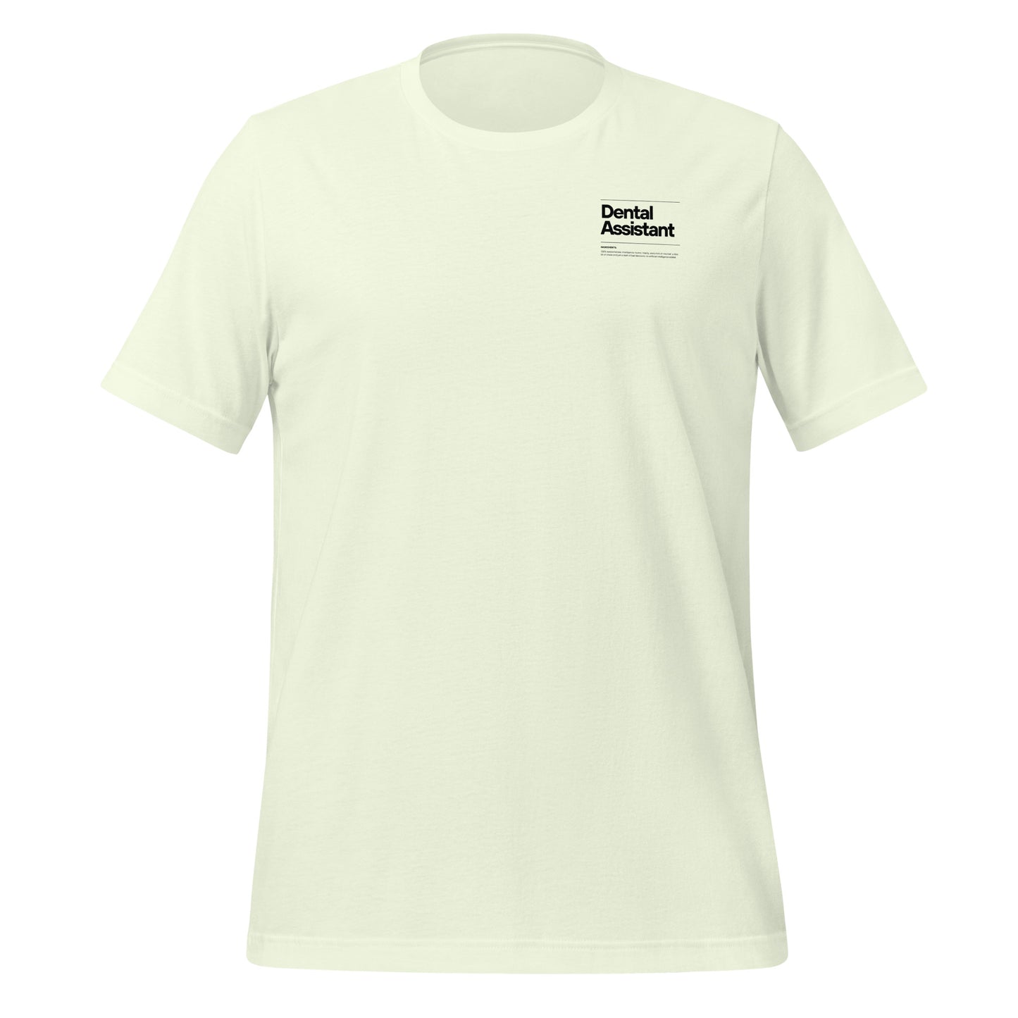 Citron dental assistant shirt featuring a creative label design with icons and text, perfect for dental assistants who want to express their identity and passion for their job - dental shirts front view.