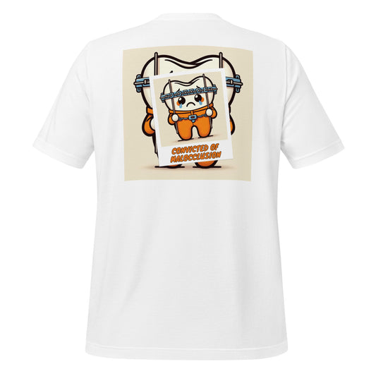 Funny dental shirt featuring a creative design of a cute tooth character behind braces, symbolizing orthodontic treatment. White Color