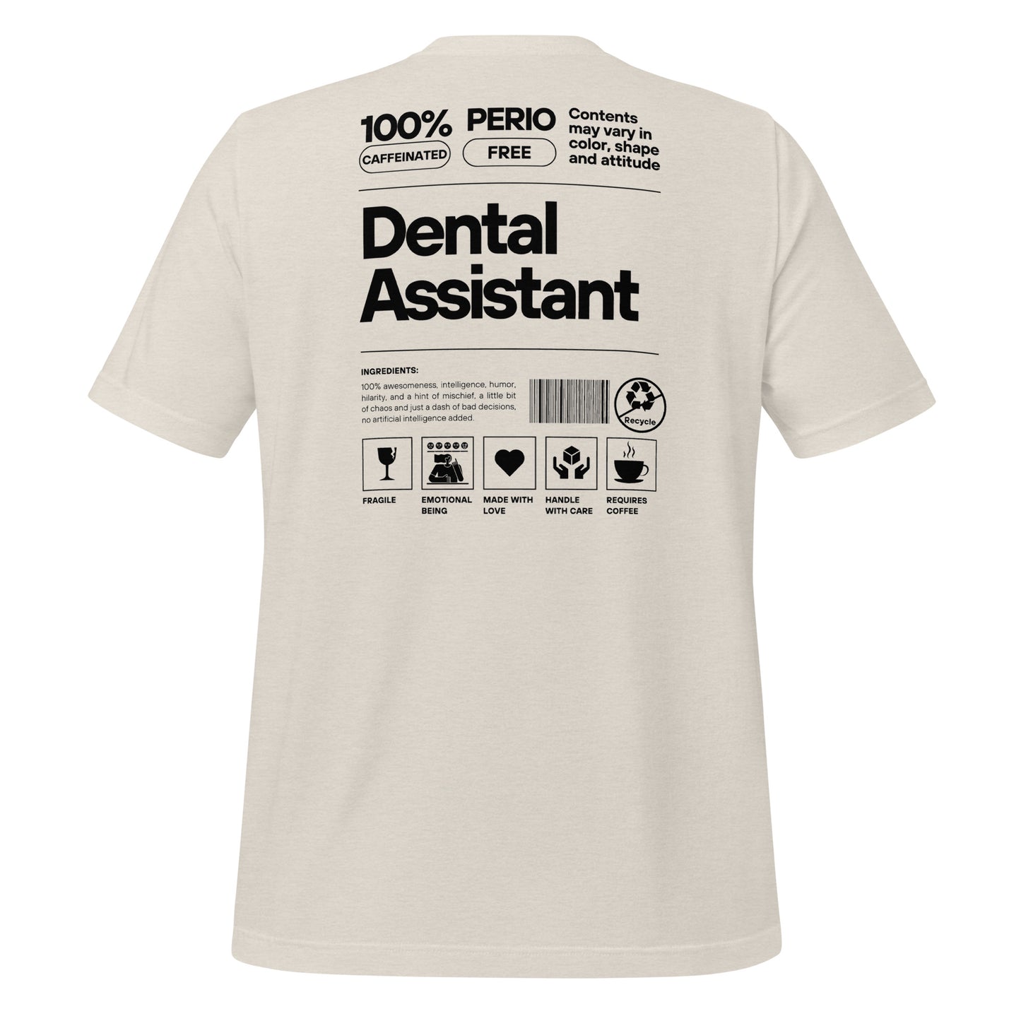 Heather dust dental assistant shirt featuring a creative label design with icons and text, perfect for dental assistants who want to express their identity and passion for their job - dental shirts back view.