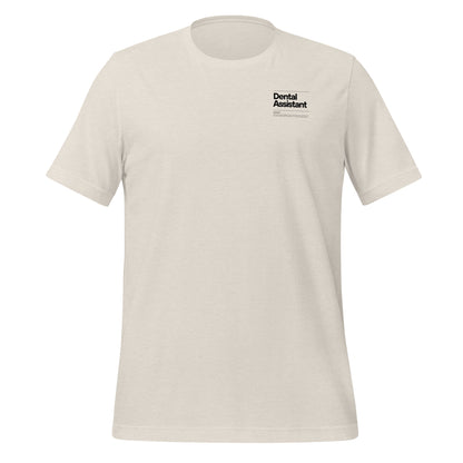Heather dust dental assistant shirt featuring a creative label design with icons and text, perfect for dental assistants who want to express their identity and passion for their job - dental shirts front view.