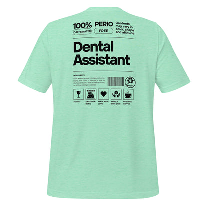 Heather mint dental assistant shirt featuring a creative label design with icons and text, perfect for dental assistants who want to express their identity and passion for their job - dental shirts back view.