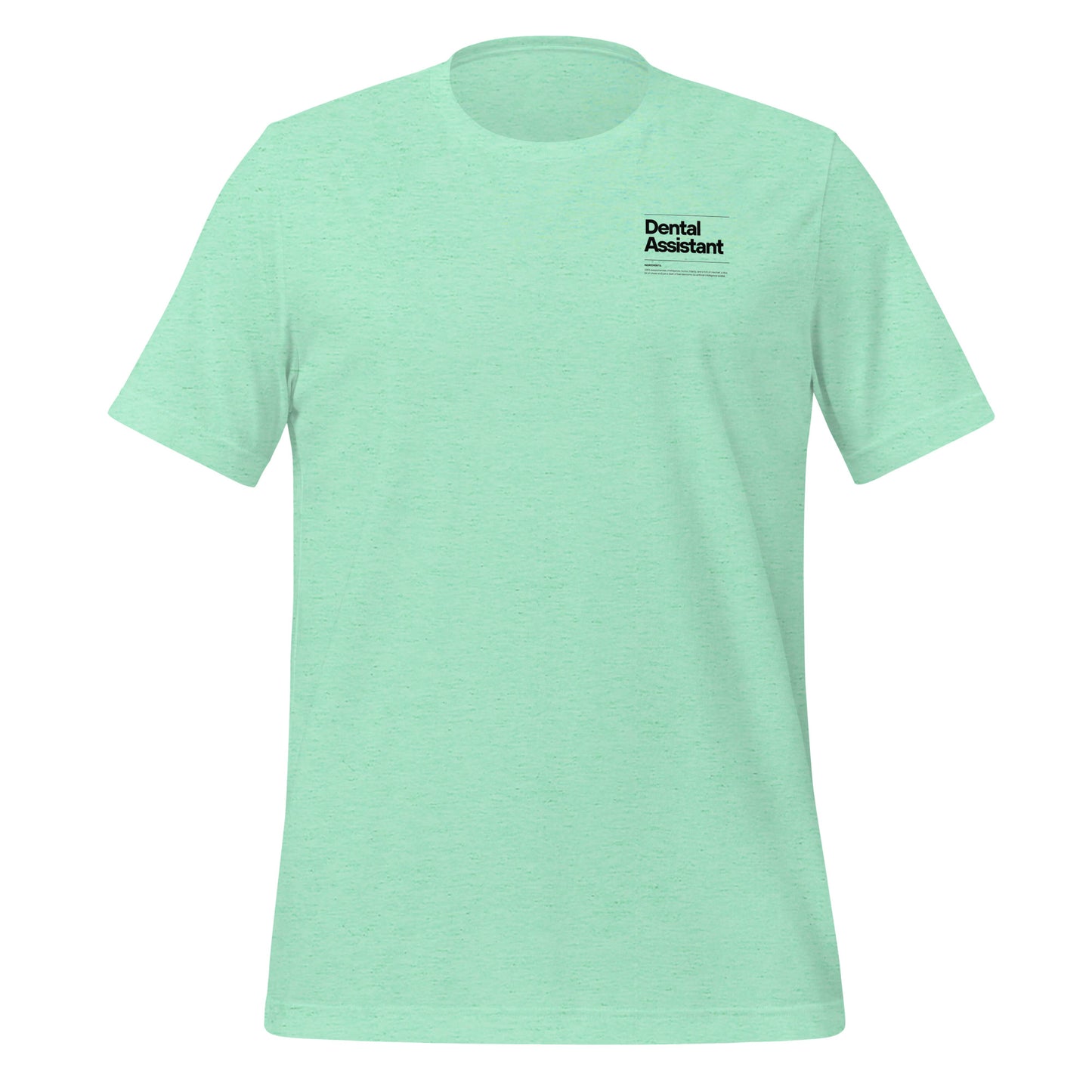 Heather mint dental assistant shirt featuring a creative label design with icons and text, perfect for dental assistants who want to express their identity and passion for their job - dental shirts front view.