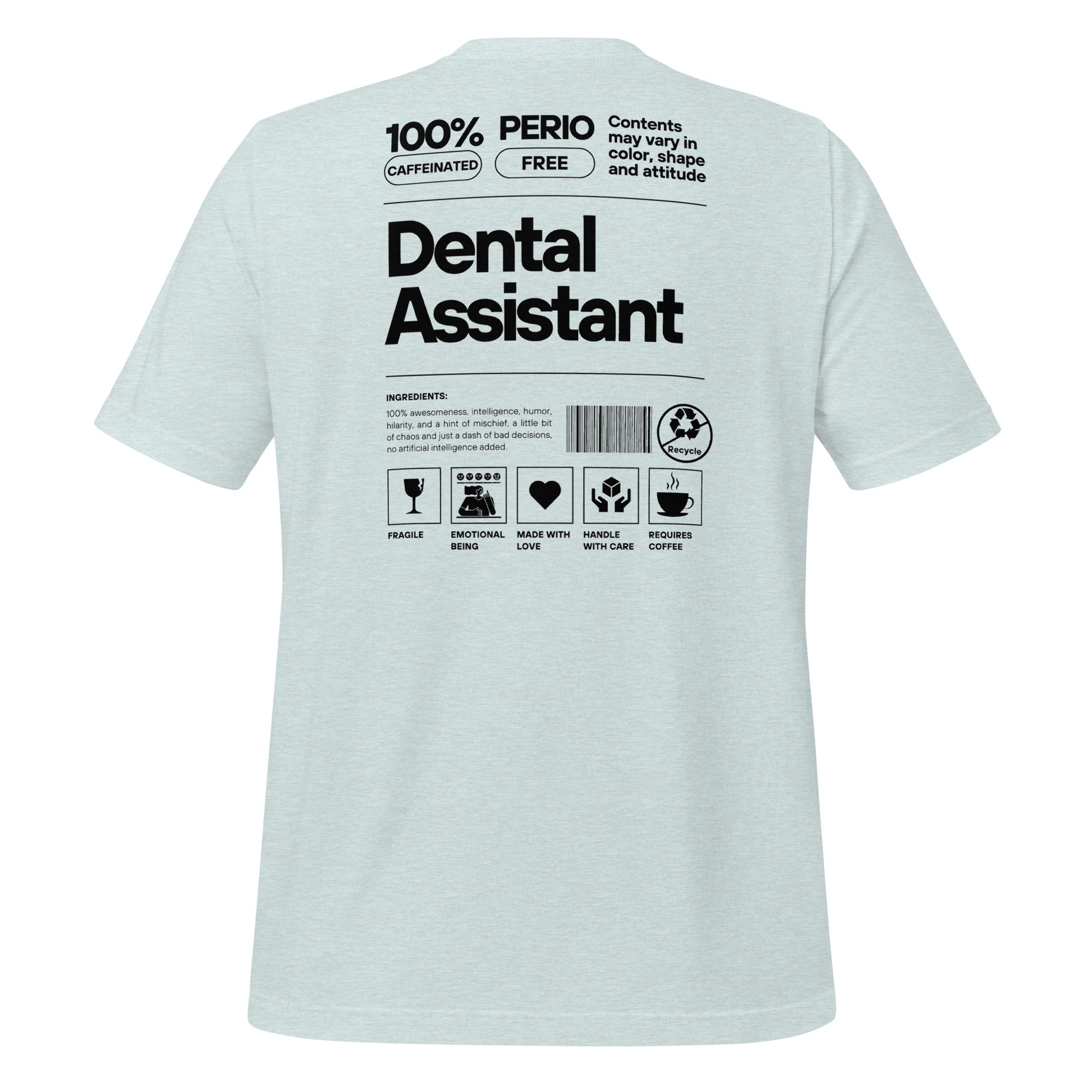Heather prism ice blue dental assistant shirt featuring a creative label design with icons and text, perfect for dental assistants who want to express their identity and passion for their job - dental shirts back view.