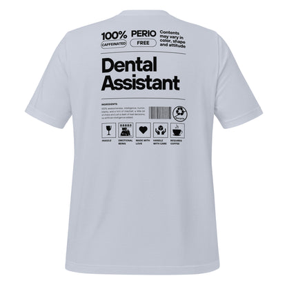 Light blue dental assistant shirt featuring a creative label design with icons and text, perfect for dental assistants who want to express their identity and passion for their job - dental shirts back view.