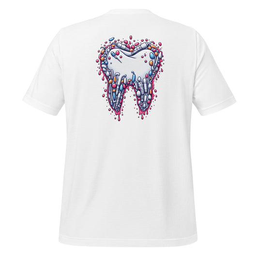 Modern style tooth design dripping with colorful details on a white dental shirt, perfect for dental professionals and enthusiasts.