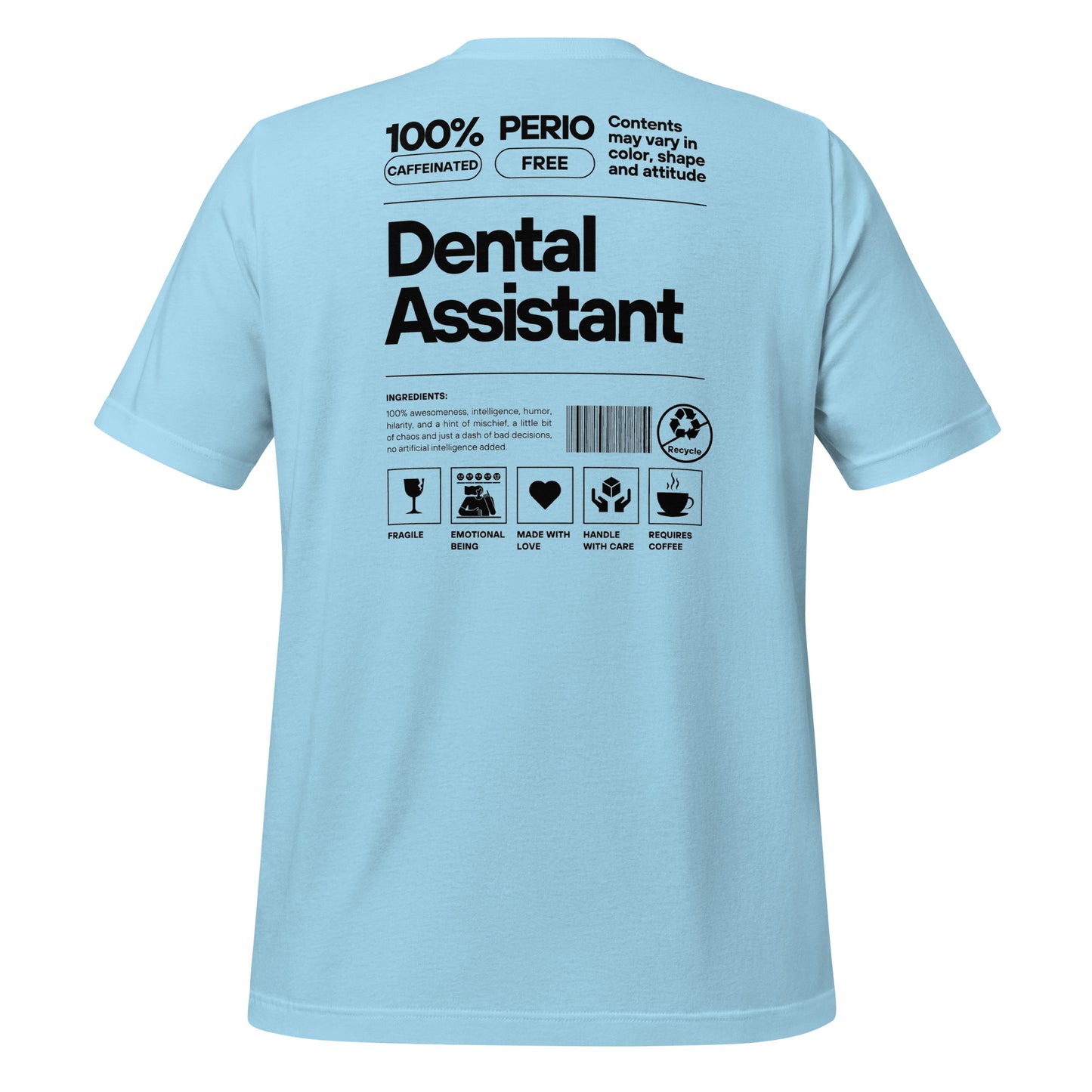 Ocean blue dental assistant shirt featuring a creative label design with icons and text, perfect for dental assistants who want to express their identity and passion for their job - dental shirts back view.