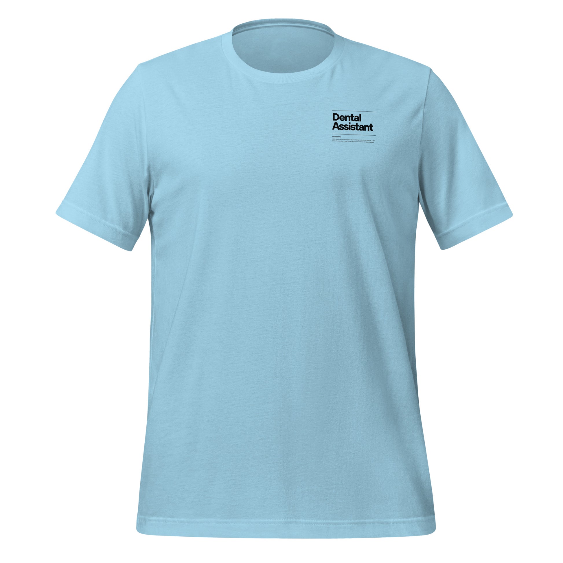 Ocean blue dental assistant shirt featuring a creative label design with icons and text, perfect for dental assistants who want to express their identity and passion for their job - dental shirts front view.