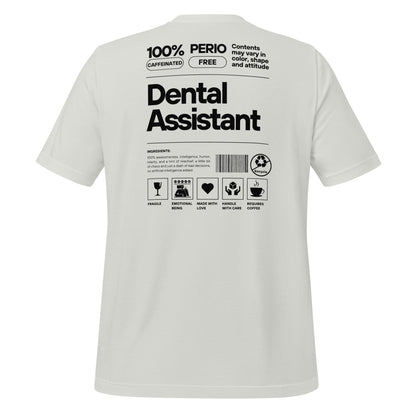 Silver dental assistant shirt featuring a creative label design with icons and text, perfect for dental assistants who want to express their identity and passion for their job - dental shirts back view.