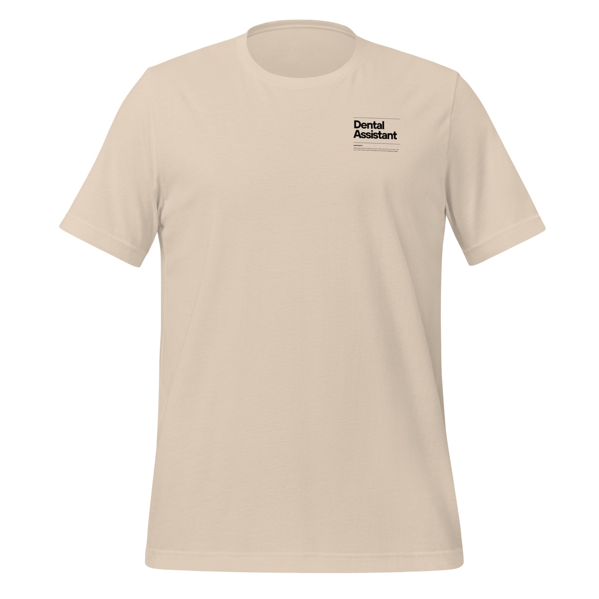 Soft cream dental assistant shirt featuring a creative label design with icons and text, perfect for dental assistants who want to express their identity and passion for their job - dental shirts front view.
