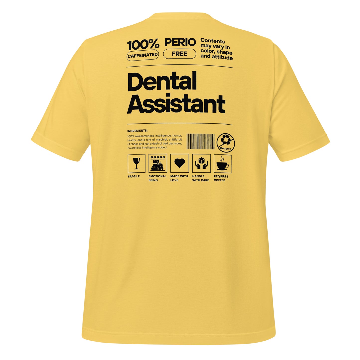 Yellow dental assistant shirt featuring a creative label design with icons and text, perfect for dental assistants who want to express their identity and passion for their job - dental shirts back view.