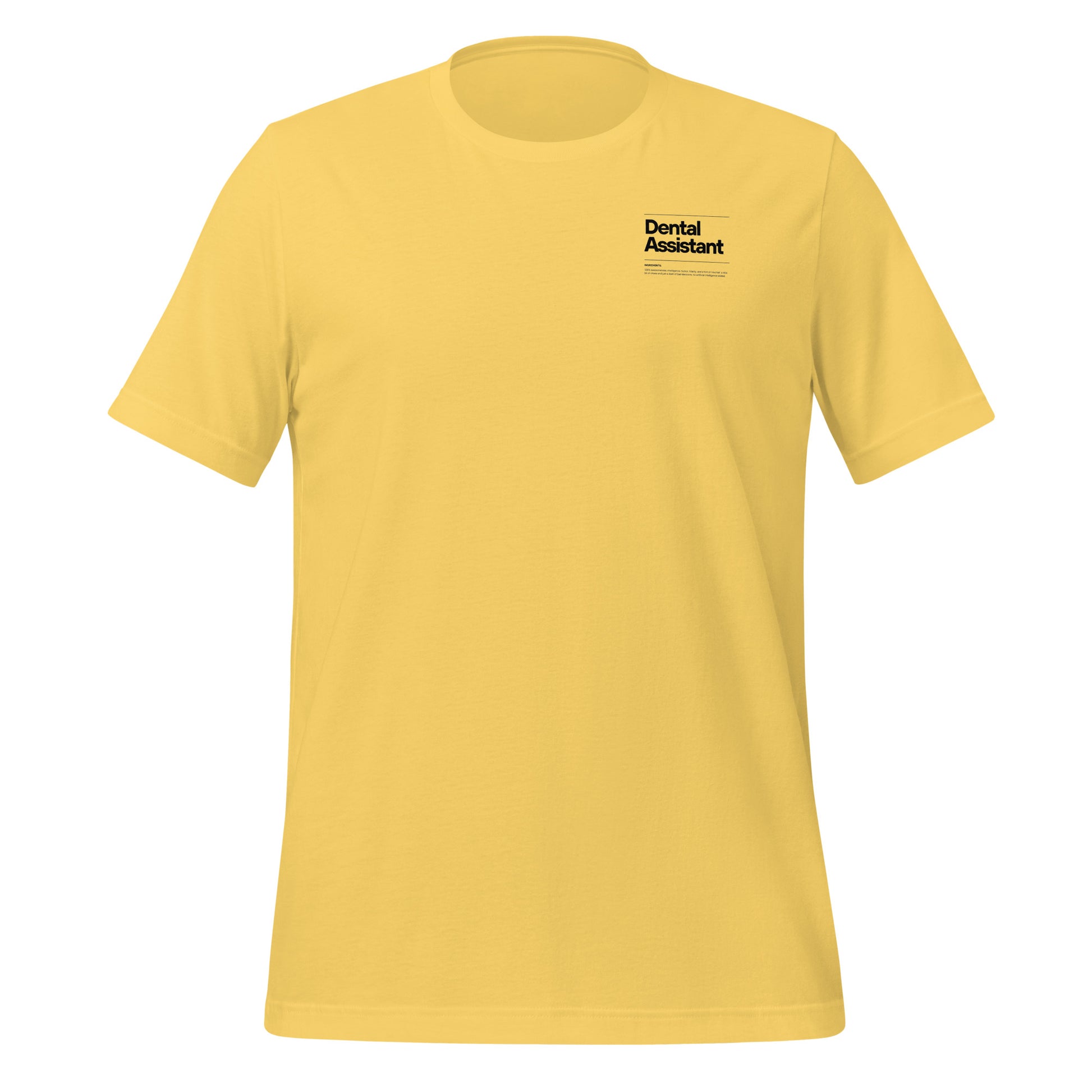 Yellow dental assistant shirt featuring a creative label design with icons and text, perfect for dental assistants who want to express their identity and passion for their job - dental shirts front view.