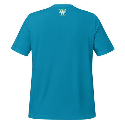 Cute dentist t-shirt showcasing an adorable tooth character in golf attire, joyfully celebrating a ‘hole in one’ achievement, perfect for dentist and dental professionals seeking unique and thematic dental apparel. Aqua color, back view.
