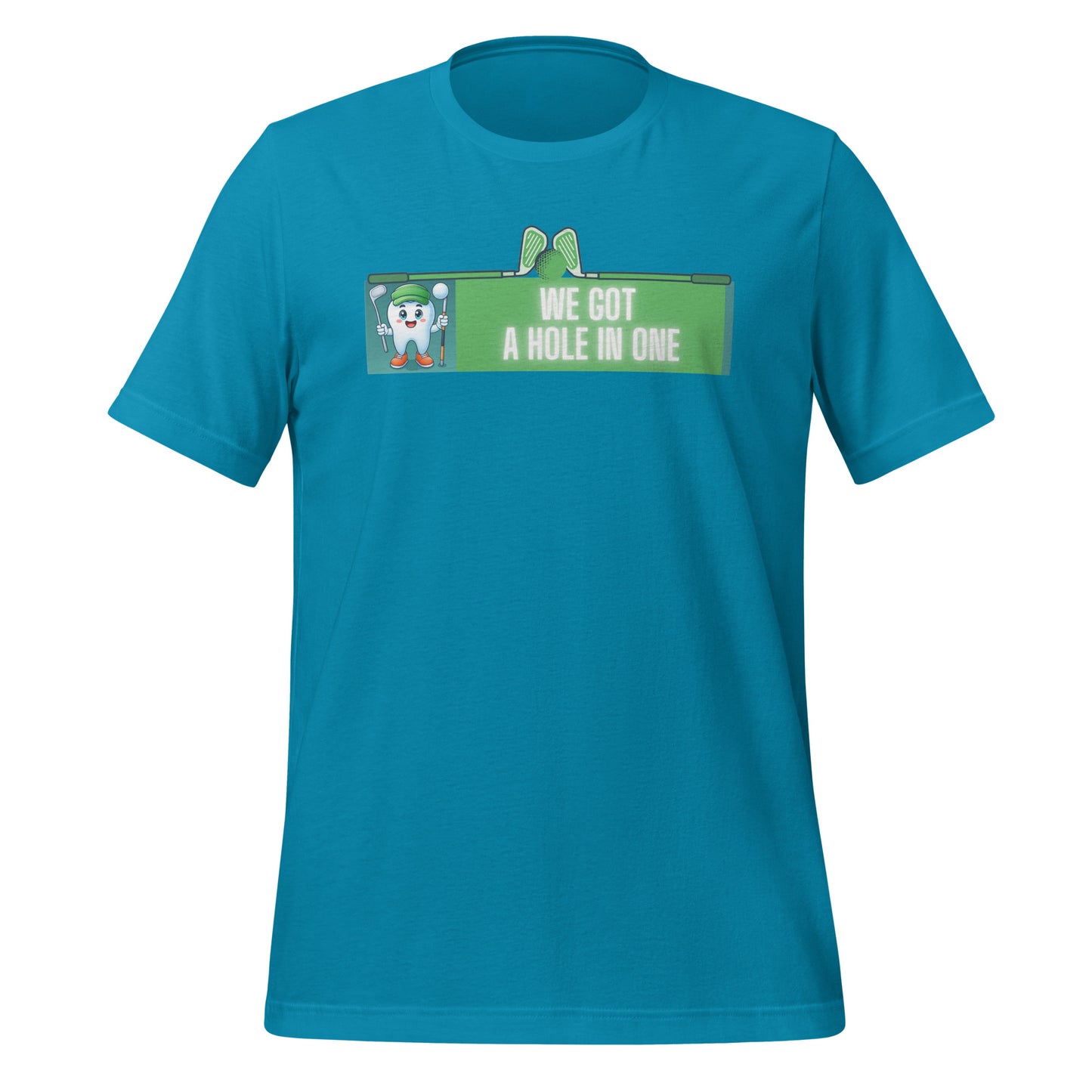 Cute dentist t-shirt showcasing an adorable tooth character in golf attire, joyfully celebrating a ‘hole in one’ achievement, perfect for dentist and dental professionals seeking unique and thematic dental apparel. Aqua color, front view.