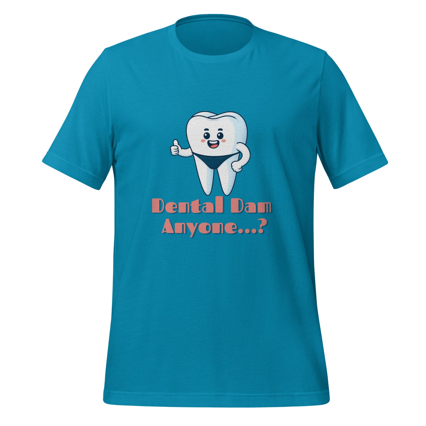 Funny dental shirt featuring a playful tooth character in a speedo with the text ‘Dental Dam Anyone?’, perfect for dentists, dental hygienists, and dental students who enjoy dental humor. This dental shirt is a unique addition to any dental professional’s wardrobe, making it an ideal dental office shirt. Don’t miss out on our dental assistant shirts and dental hygiene shirts. Aqua color.