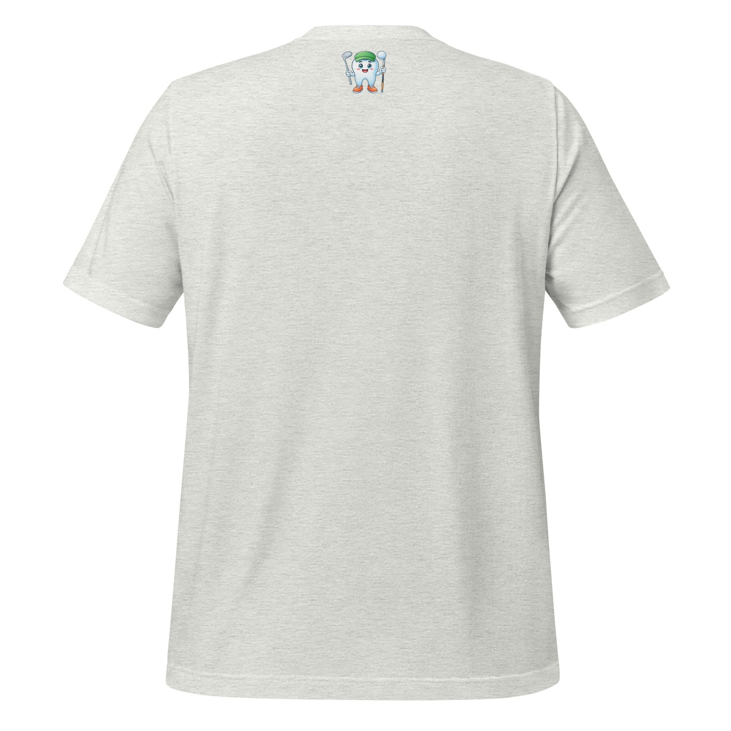 Cute dentist t-shirt showcasing an adorable tooth character in golf attire, joyfully celebrating a ‘hole in one’ achievement, perfect for dentist and dental professionals seeking unique and thematic dental apparel. Ash color, back view.