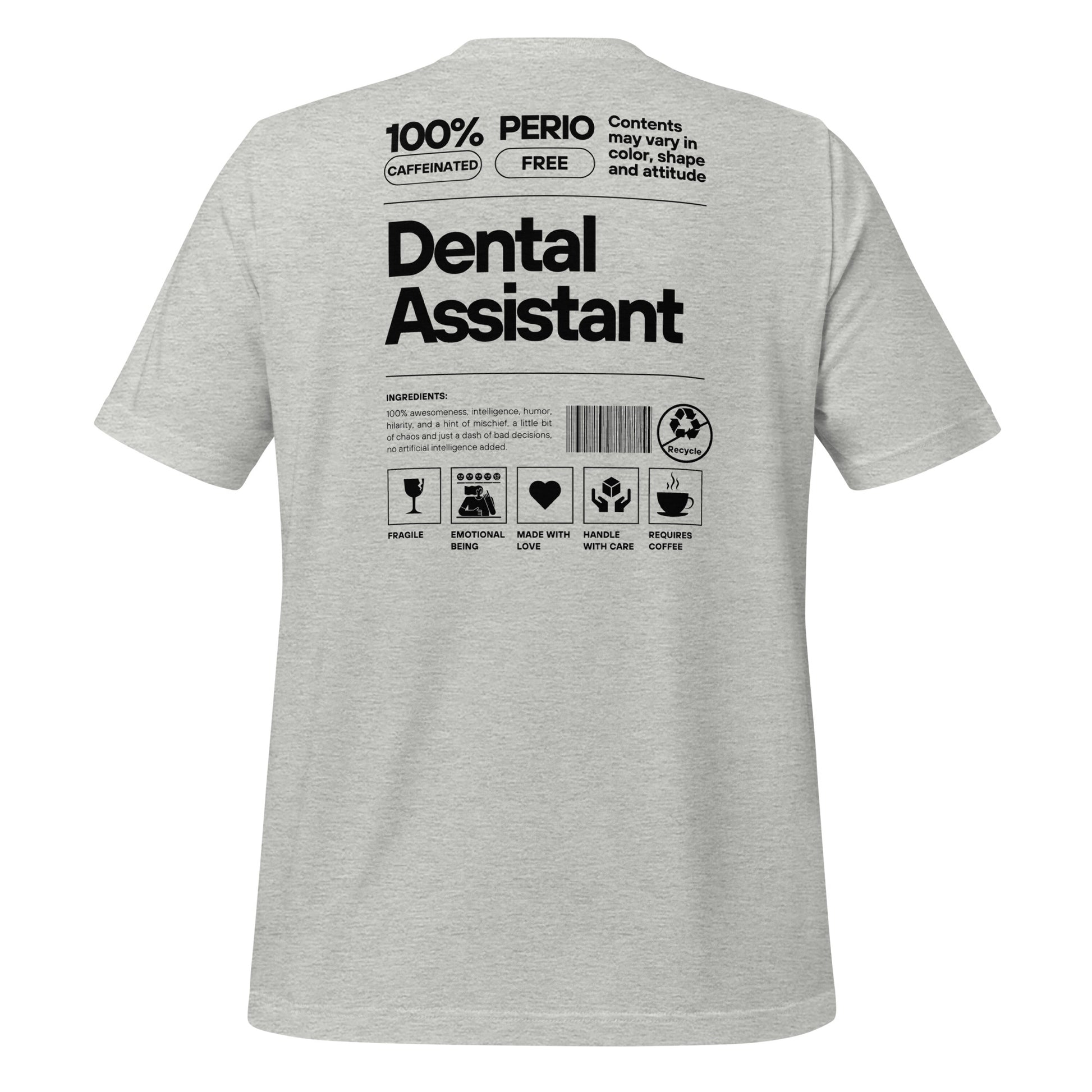 Athletic heather dental assistant shirt featuring a creative label design with icons and text, perfect for dental assistants who want to express their identity and passion for their job - dental shirts back view.