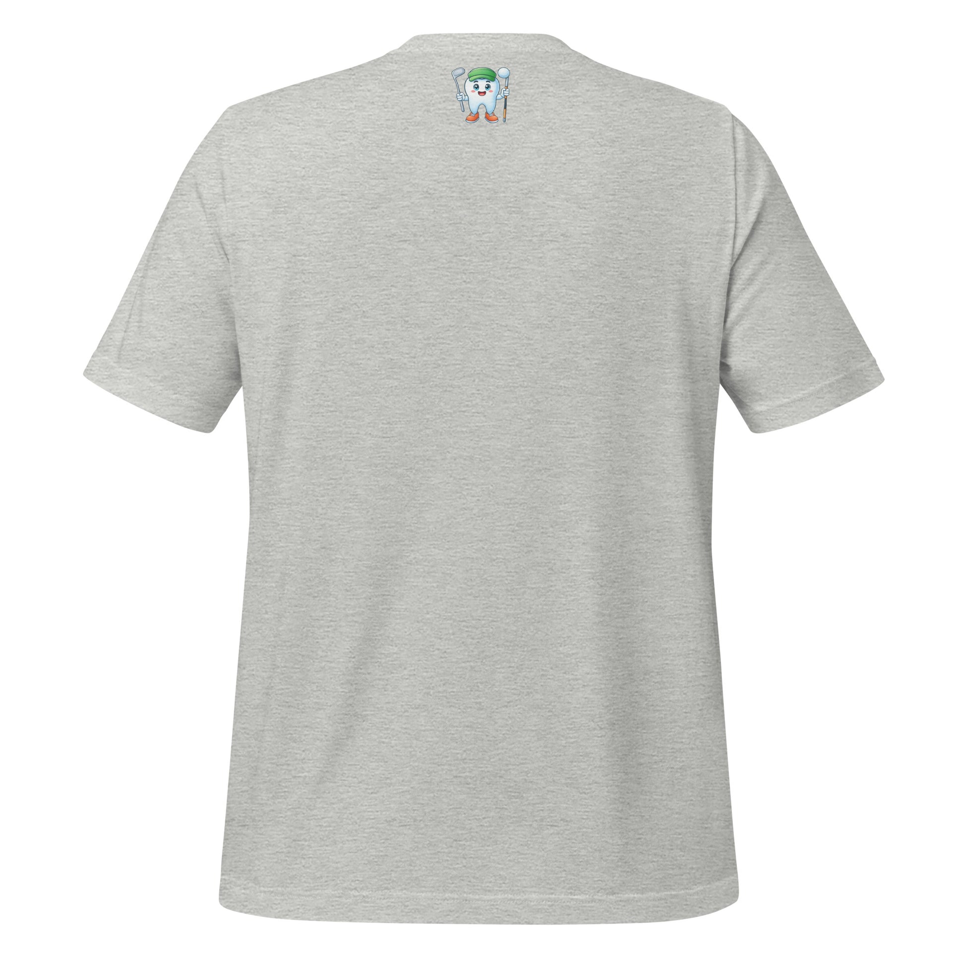 Cute dentist t-shirt showcasing an adorable tooth character in golf attire, joyfully celebrating a ‘hole in one’ achievement, perfect for dentist and dental professionals seeking unique and thematic dental apparel. Athletic heather color, back view.