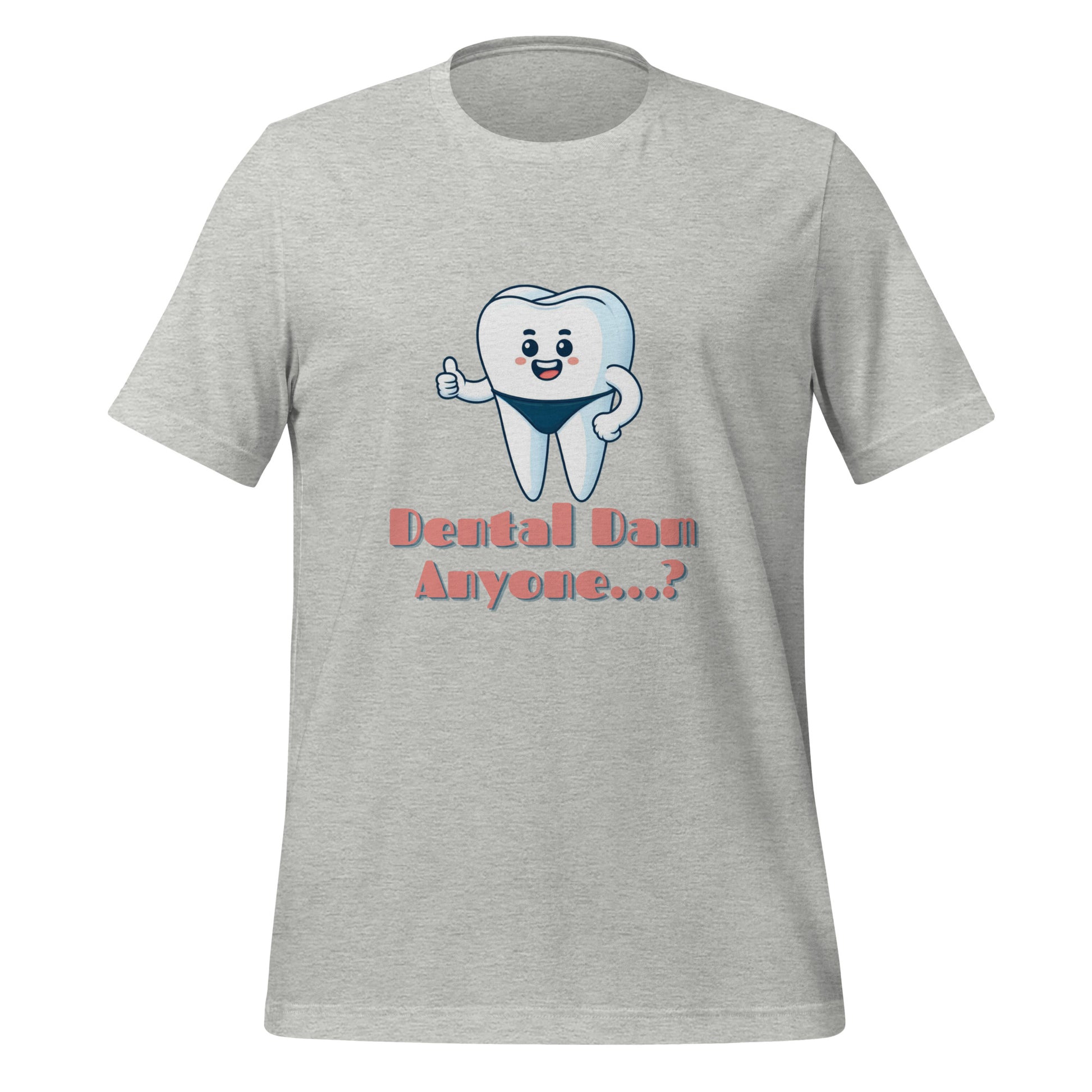 Funny dental shirt featuring a playful tooth character in a speedo with the text ‘Dental Dam Anyone?’, perfect for dentists, dental hygienists, and dental students who enjoy dental humor. This dental shirt is a unique addition to any dental professional’s wardrobe, making it an ideal dental office shirt. Don’t miss out on our dental assistant shirts and dental hygiene shirts. Athletic heather color.