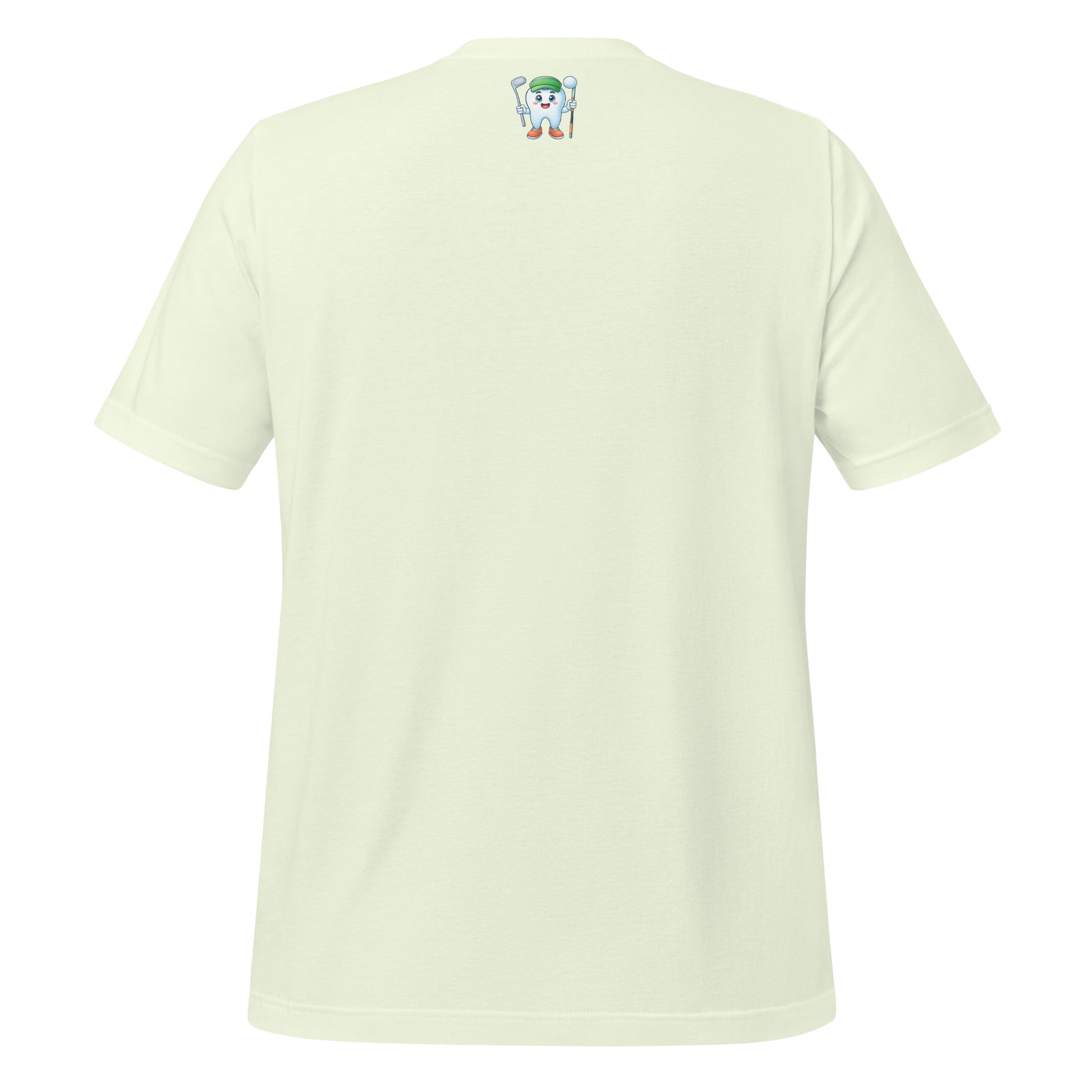 Cute dentist t-shirt showcasing an adorable tooth character in golf attire, joyfully celebrating a ‘hole in one’ achievement, perfect for dentist and dental professionals seeking unique and thematic dental apparel. Citron color, back view.