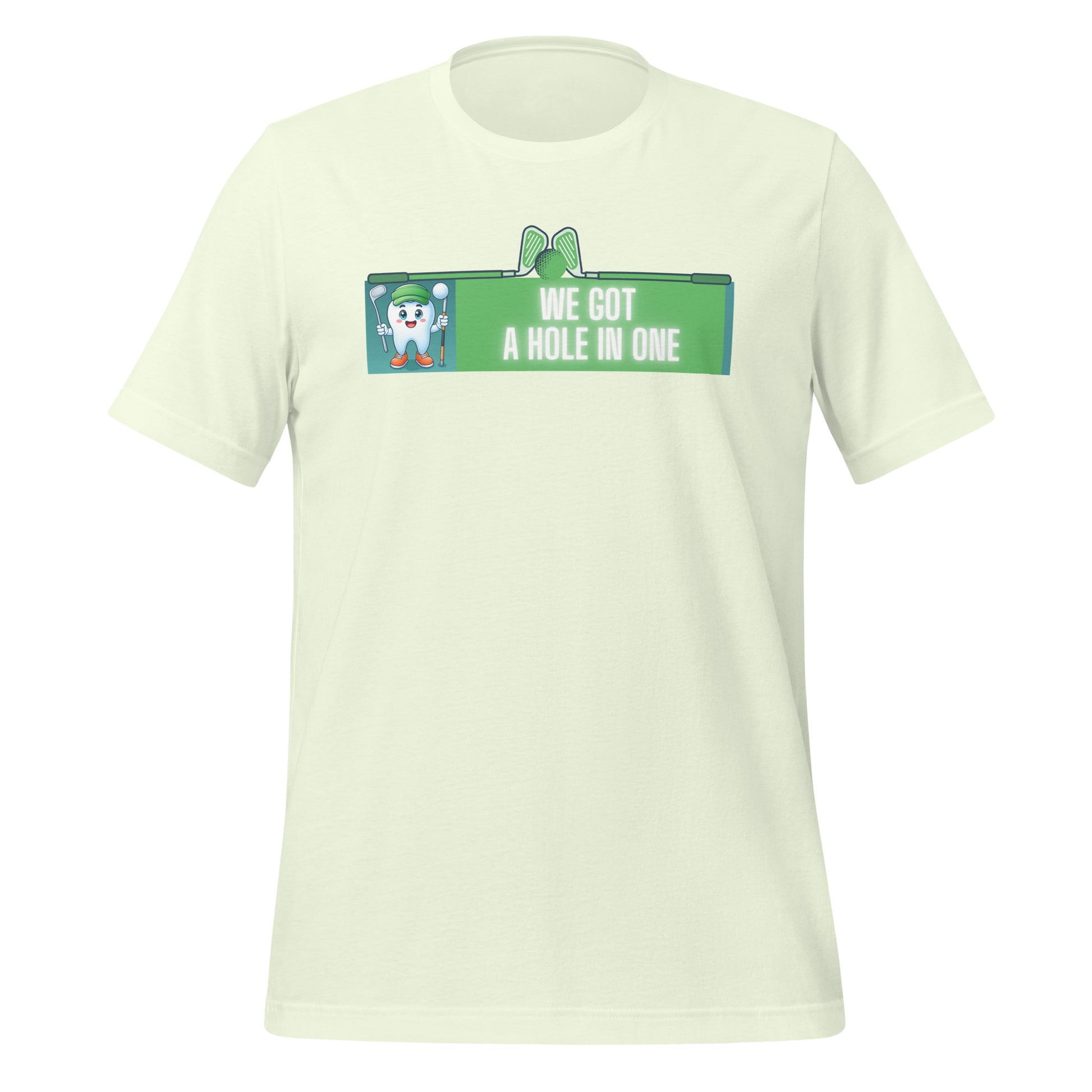 Cute dentist t-shirt showcasing an adorable tooth character in golf attire, joyfully celebrating a ‘hole in one’ achievement, perfect for dentist and dental professionals seeking unique and thematic dental apparel. Citron color, front view.