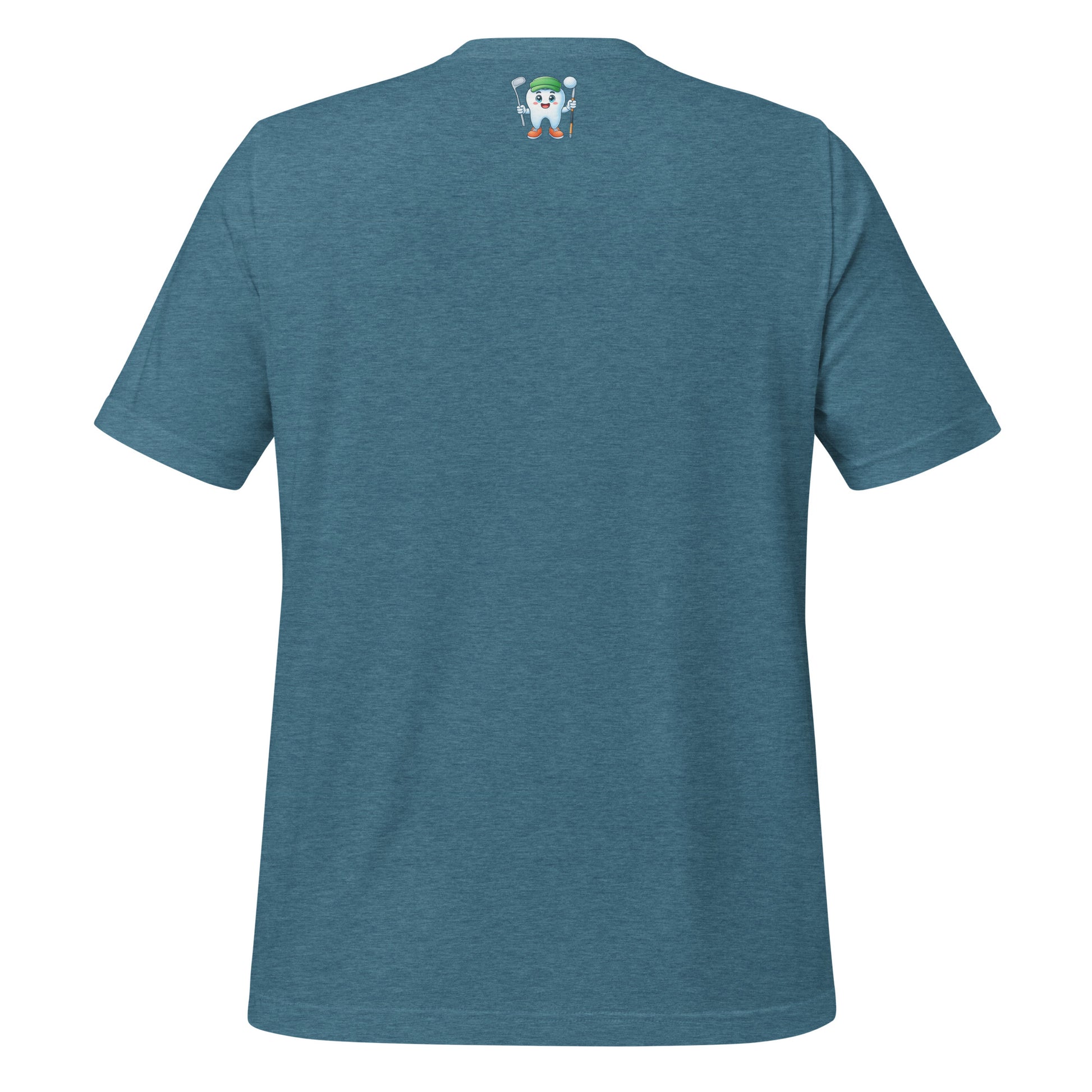 Cute dentist t-shirt showcasing an adorable tooth character in golf attire, joyfully celebrating a ‘hole in one’ achievement, perfect for dentist and dental professionals seeking unique and thematic dental apparel. Heather deep teal color, back view.
