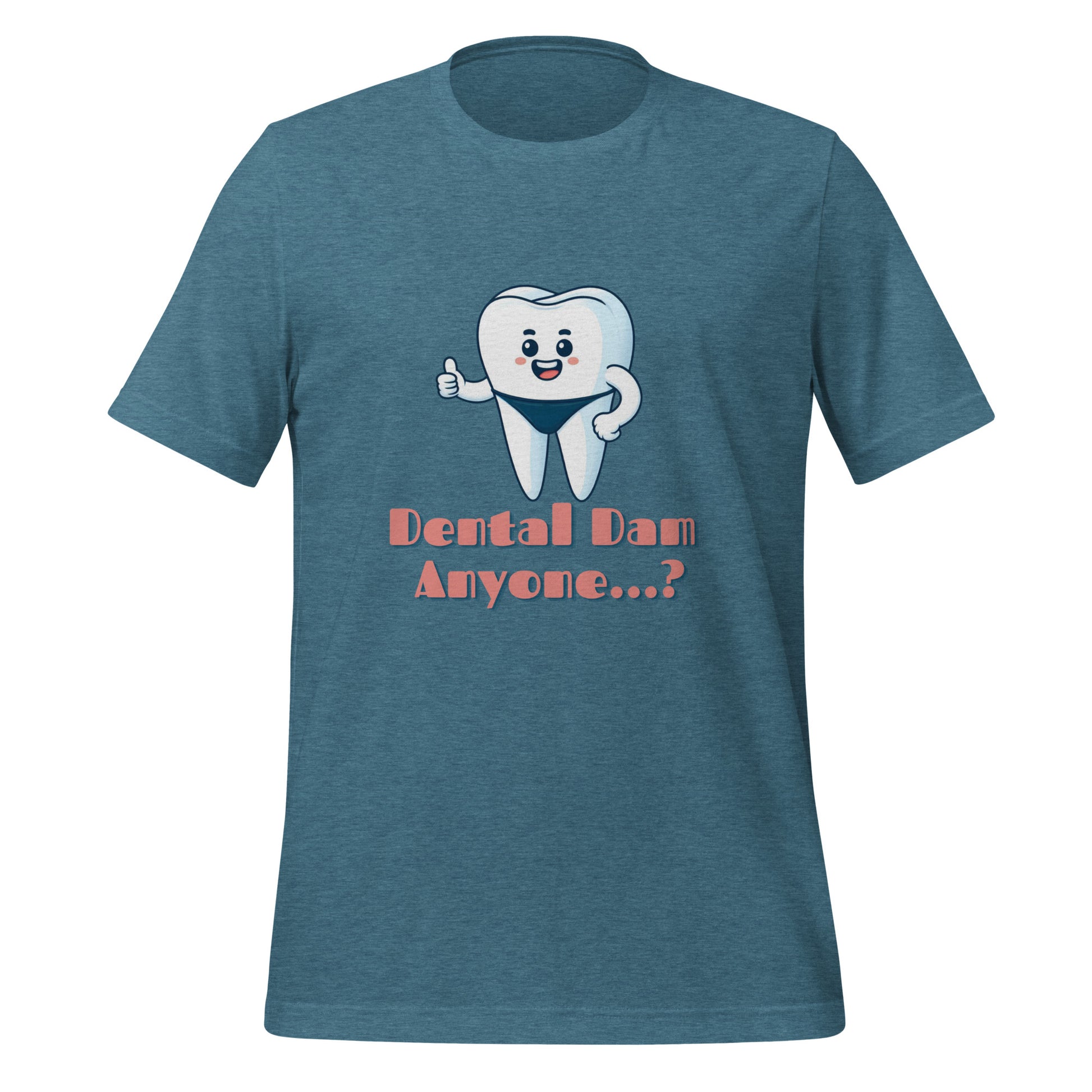 Funny dental shirt featuring a playful tooth character in a speedo with the text ‘Dental Dam Anyone?’, perfect for dentists, dental hygienists, and dental students who enjoy dental humor. This dental shirt is a unique addition to any dental professional’s wardrobe, making it an ideal dental office shirt. Don’t miss out on our dental assistant shirts and dental hygiene shirts. Heather deep teal color.