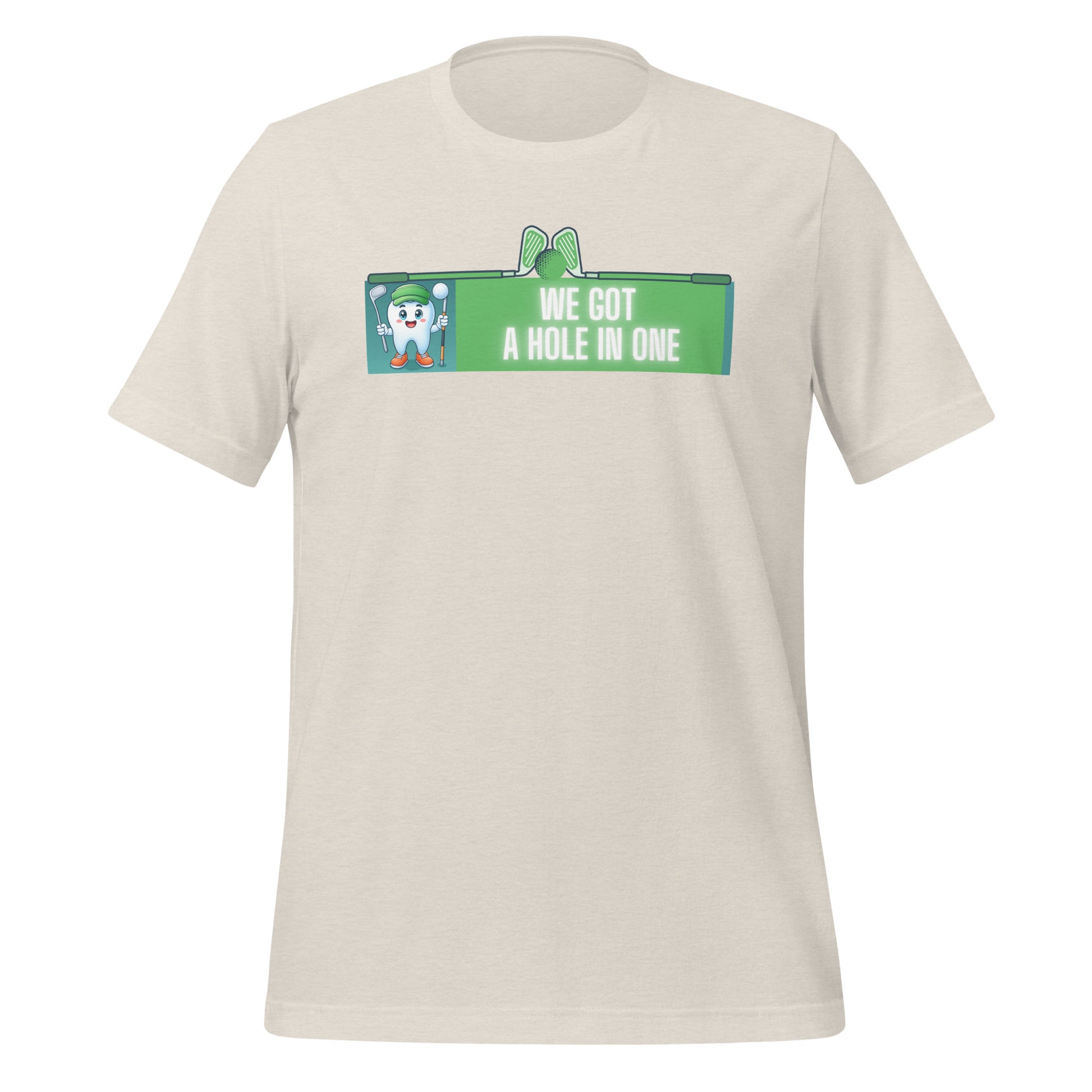 Cute dentist t-shirt showcasing an adorable tooth character in golf attire, joyfully celebrating a ‘hole in one’ achievement, perfect for dentist and dental professionals seeking unique and thematic dental apparel. Heather dust color, front view.
