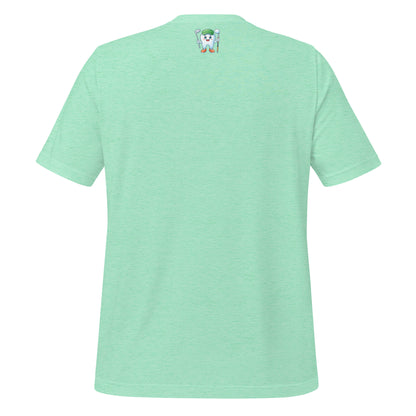 Cute dentist t-shirt showcasing an adorable tooth character in golf attire, joyfully celebrating a ‘hole in one’ achievement, perfect for dentist and dental professionals seeking unique and thematic dental apparel. Heather mint color, back view.