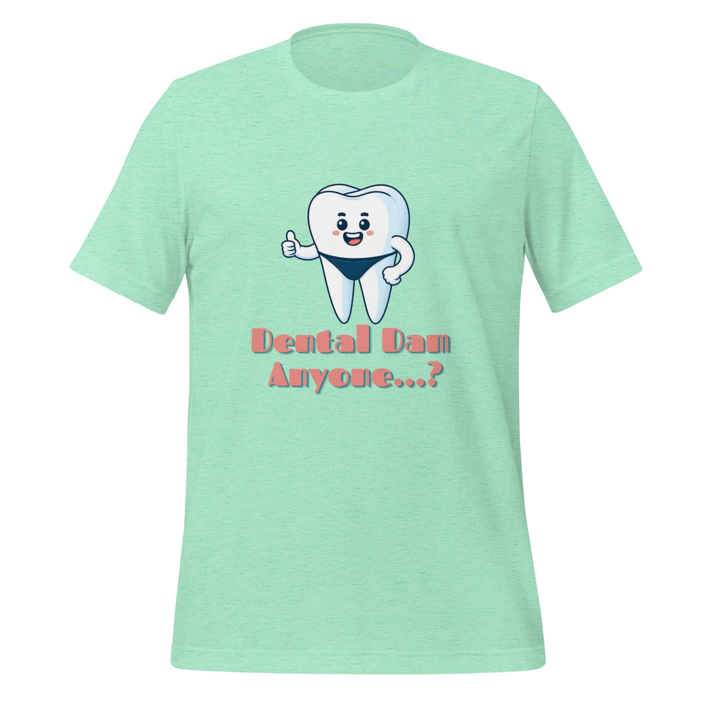 Funny dental shirt featuring a playful tooth character in a speedo with the text ‘Dental Dam Anyone?’, perfect for dentists, dental hygienists, and dental students who enjoy dental humor. This dental shirt is a unique addition to any dental professional’s wardrobe, making it an ideal dental office shirt. Don’t miss out on our dental assistant shirts and dental hygiene shirts. Heather mint color.