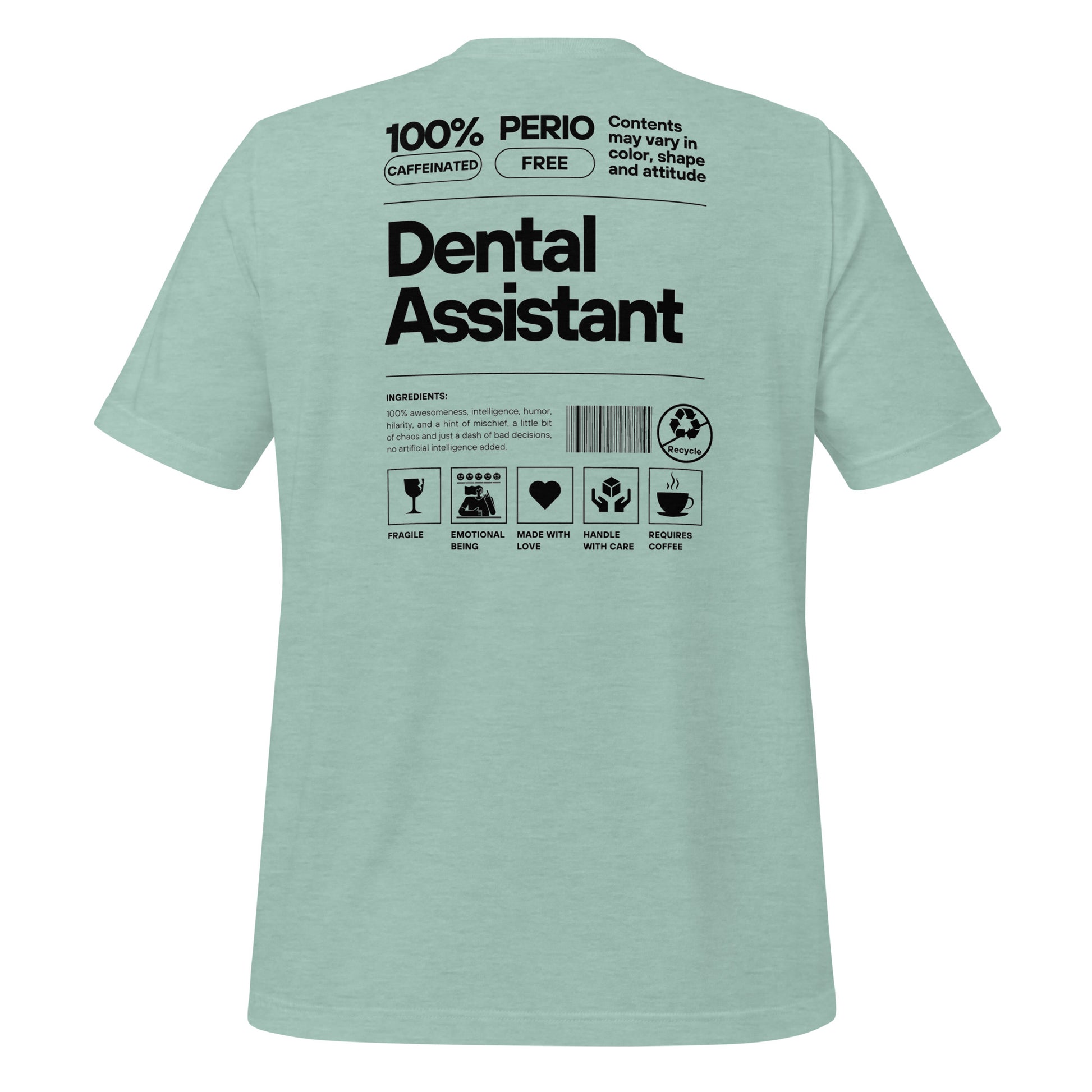 Heather prism dental assistant shirt featuring a creative label design with icons and text, perfect for dental assistants who want to express their identity and passion for their job - dental shirts back view.