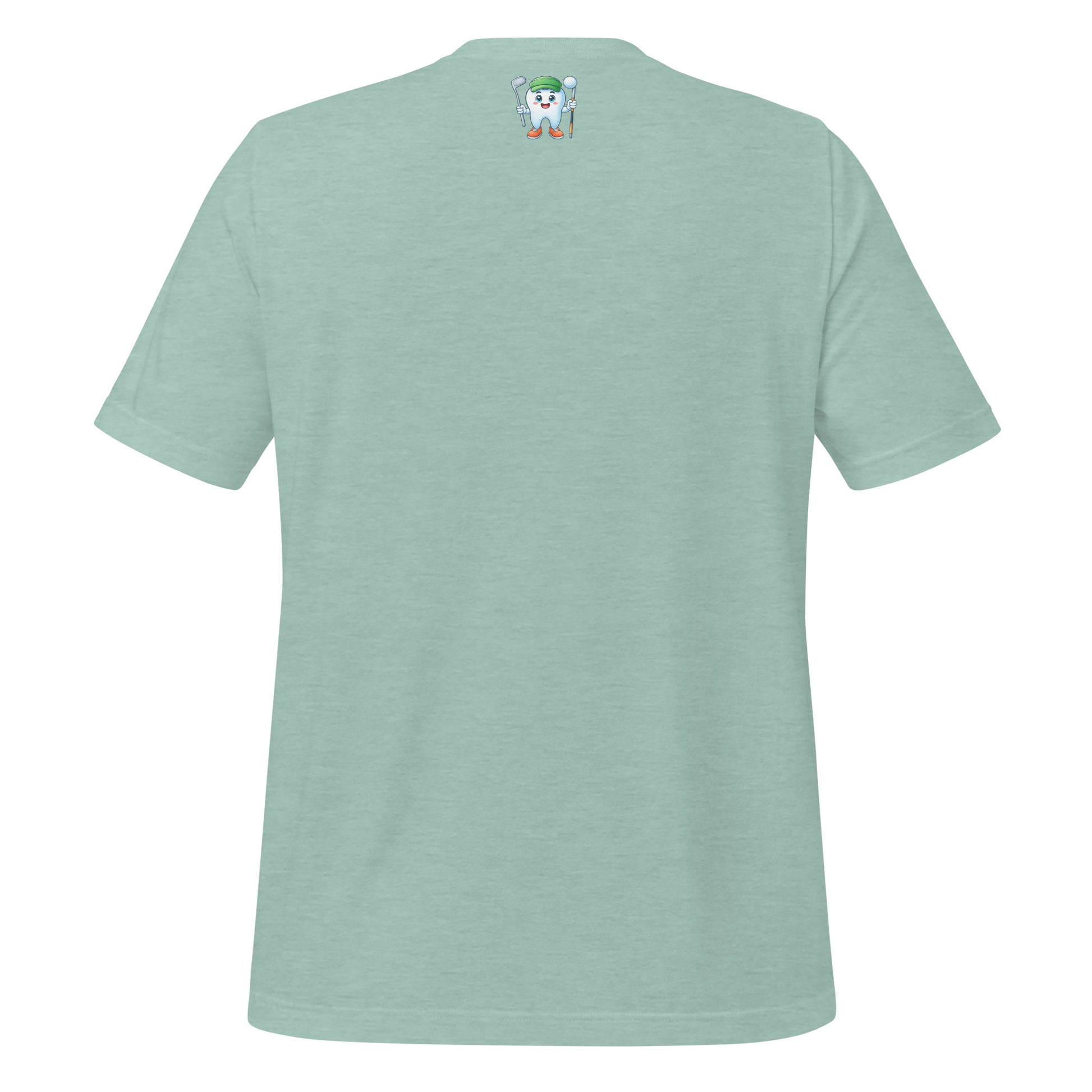 Cute dentist t-shirt showcasing an adorable tooth character in golf attire, joyfully celebrating a ‘hole in one’ achievement, perfect for dentist and dental professionals seeking unique and thematic dental apparel. Heather prism dusty blue color, back view.