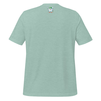 Cute dentist t-shirt showcasing an adorable tooth character in golf attire, joyfully celebrating a ‘hole in one’ achievement, perfect for dentist and dental professionals seeking unique and thematic dental apparel. Heather prism dusty blue color, back view.