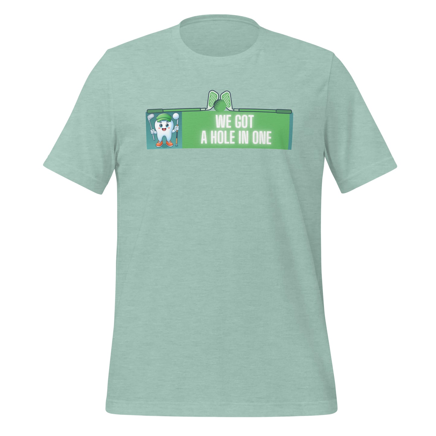Cute dentist t-shirt showcasing an adorable tooth character in golf attire, joyfully celebrating a ‘hole in one’ achievement, perfect for dentist and dental professionals seeking unique and thematic dental apparel. Heather prism dusty blue color, front view.