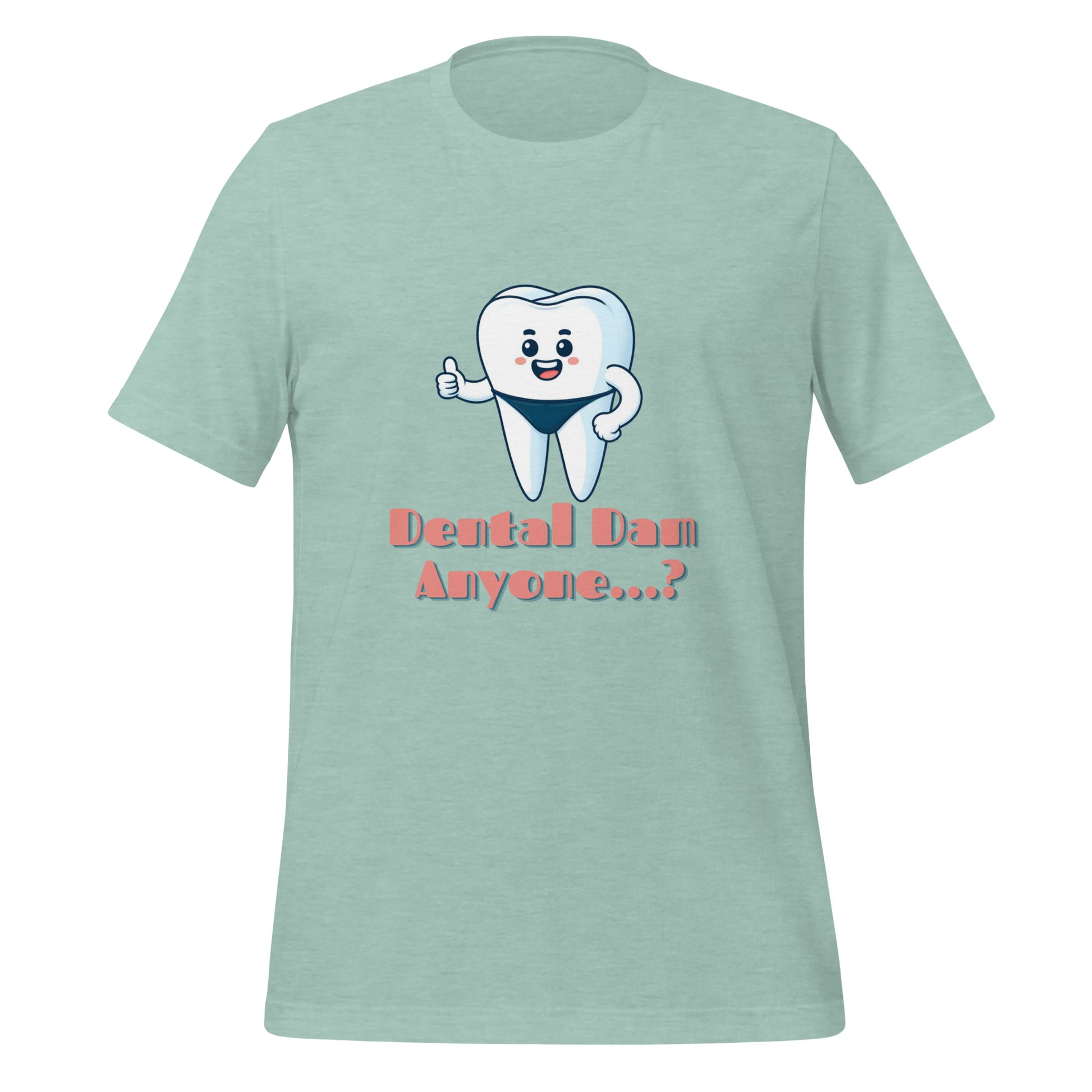 Funny dental shirt featuring a playful tooth character in a speedo with the text ‘Dental Dam Anyone?’, perfect for dentists, dental hygienists, and dental students who enjoy dental humor. This dental shirt is a unique addition to any dental professional’s wardrobe, making it an ideal dental office shirt. Don’t miss out on our dental assistant shirts and dental hygiene shirts. Heather prism dusty blue color.