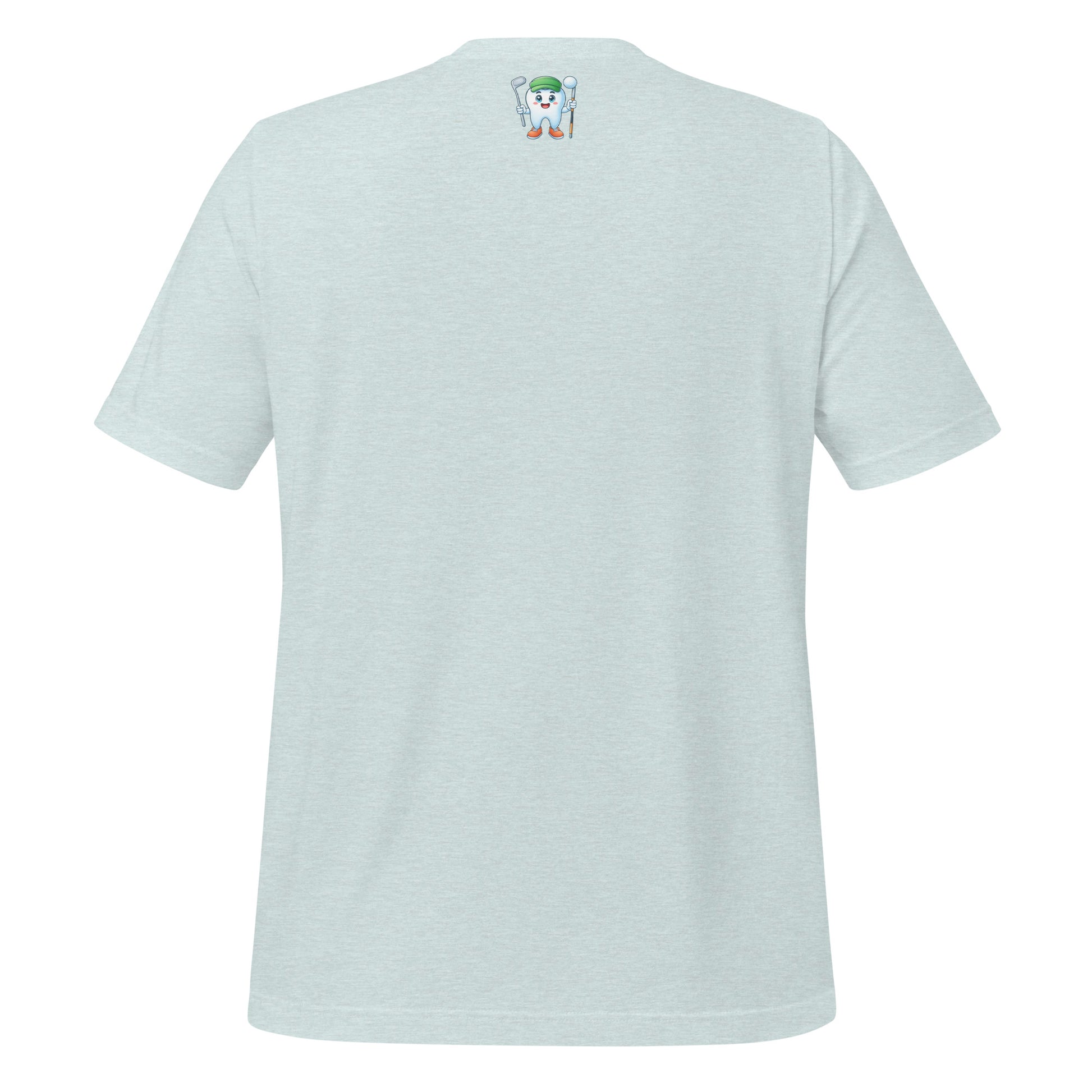 Cute dentist t-shirt showcasing an adorable tooth character in golf attire, joyfully celebrating a ‘hole in one’ achievement, perfect for dentist and dental professionals seeking unique and thematic dental apparel. Heather prism ice blue color, back view.