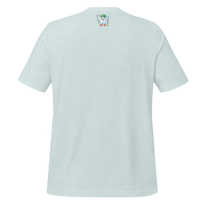 Cute dentist t-shirt showcasing an adorable tooth character in golf attire, joyfully celebrating a ‘hole in one’ achievement, perfect for dentist and dental professionals seeking unique and thematic dental apparel. Heather prism ice blue color, back view.