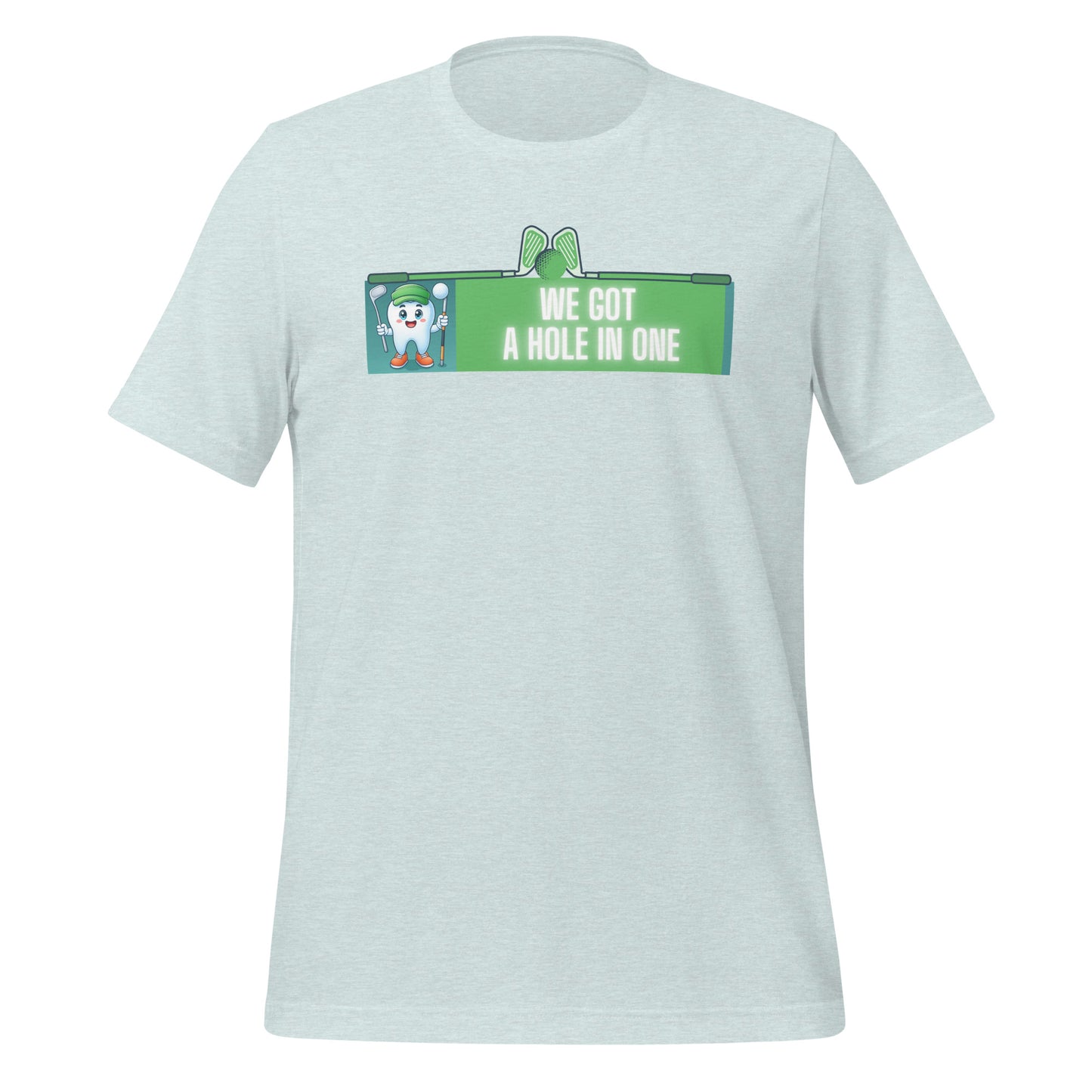 Cute dentist t-shirt showcasing an adorable tooth character in golf attire, joyfully celebrating a ‘hole in one’ achievement, perfect for dentist and dental professionals seeking unique and thematic dental apparel. Heather prism ice blue color, front view.